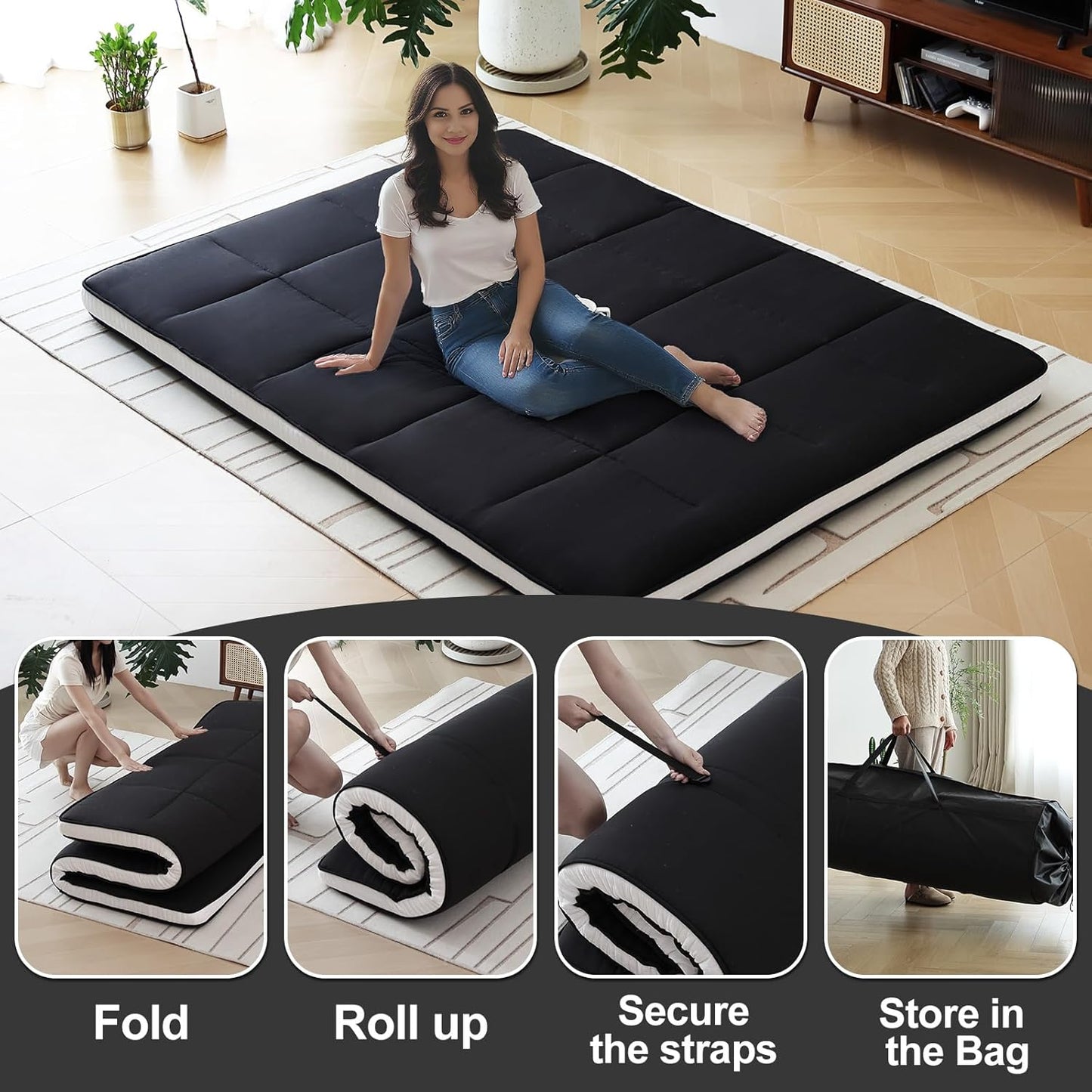 Tiita Memory Foam Mattress Topper Twin Size, 4" Thicken Futon Mattress with Storage Bag and 2 Straps, Portable Roll Up Travel Car Camping Mattress Floor Sleeping Pad, Black