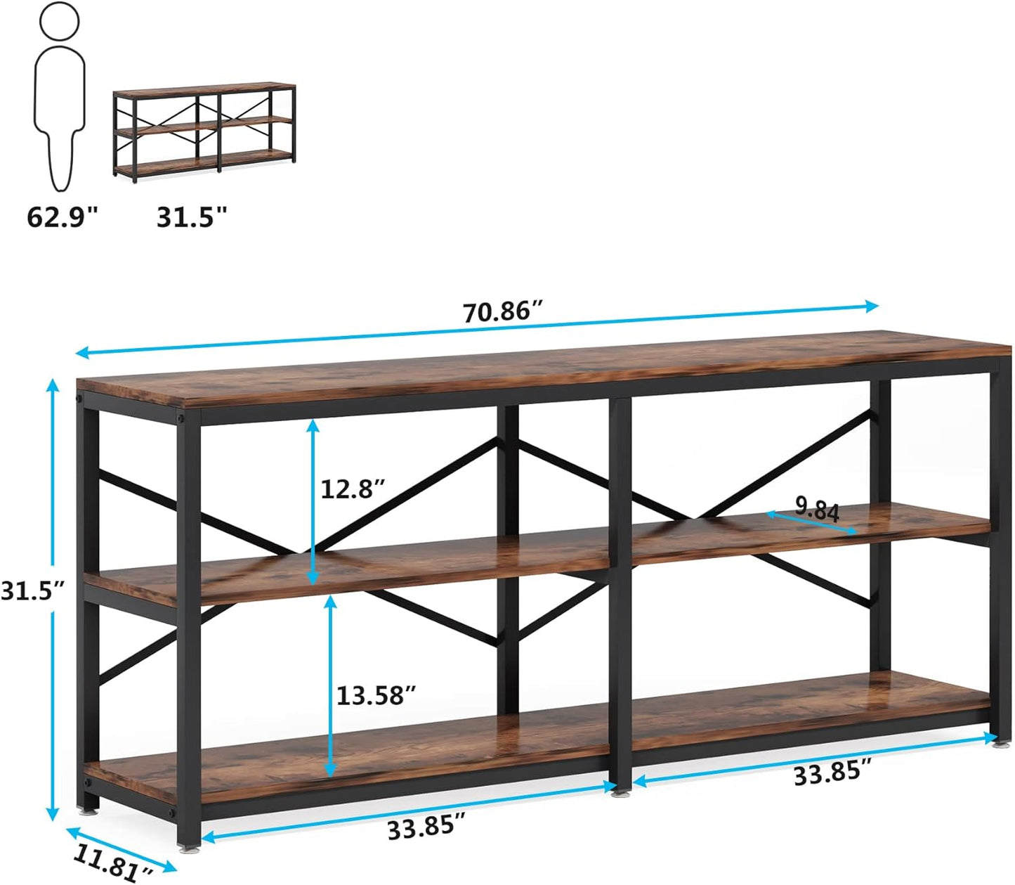 Tribesigns 70.9 Inch Extra Long Console Table, Modern Sofa Table Behind Couch Table with Storage Shelves, 3-Tier Industrial Hallway Entryway Table for Living Room, 3 Shelf Bookshelf(Brown)