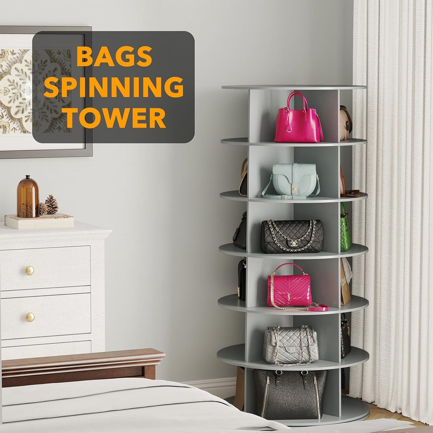 SpaceAid 6 Tier Rotating Shoe Rack Tower, Spinning Shoe Display Lazy Susan, Revolving 360 Shoe Rack Storage Round Carousel, Vertical Handbag Rotate Shoes Closet Organization (6-Tier Gray)