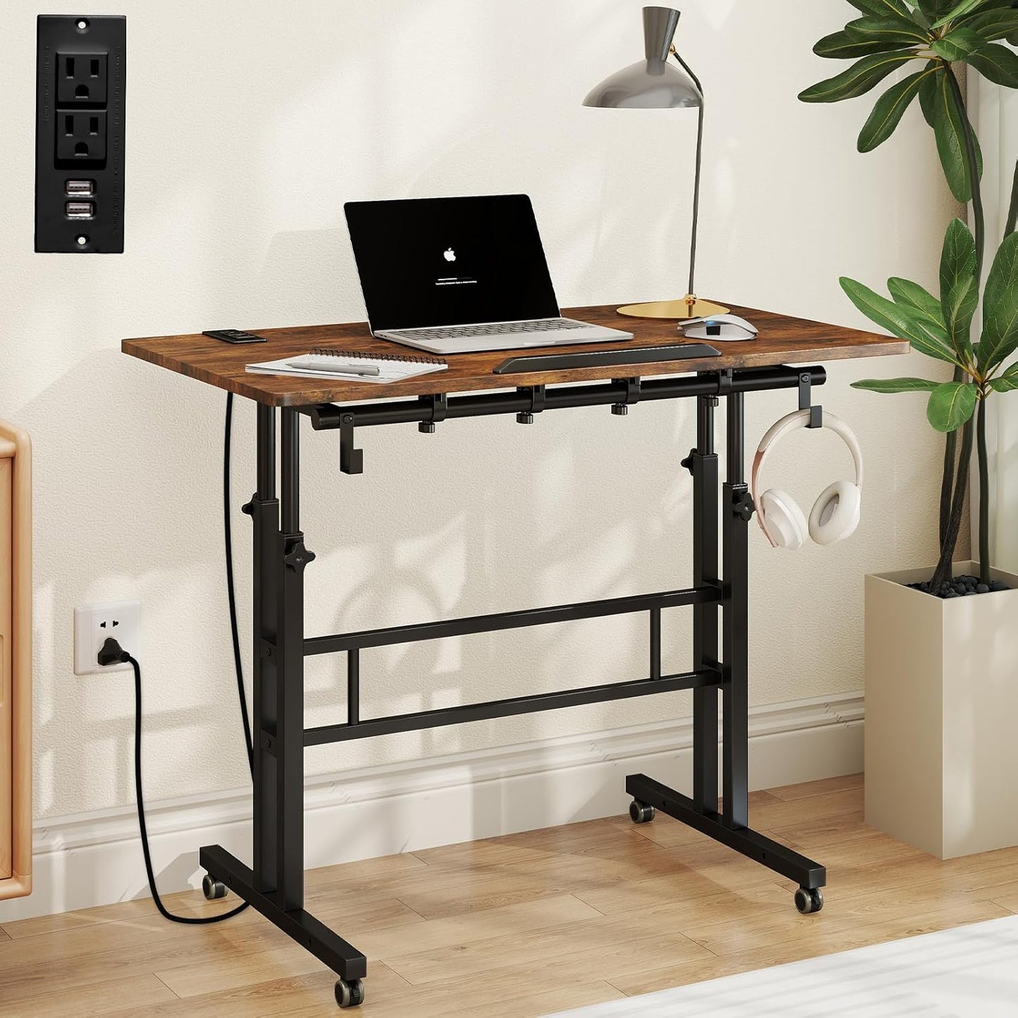 SIDUCAL Mobile Standing Desk with Charging Station, Portable Desk for Walking Pad, Adjustable Computer Workstation with Wheels, Office Table Stand with Tilted Desktop 23.62" D X 31.5" W Rustic Brown