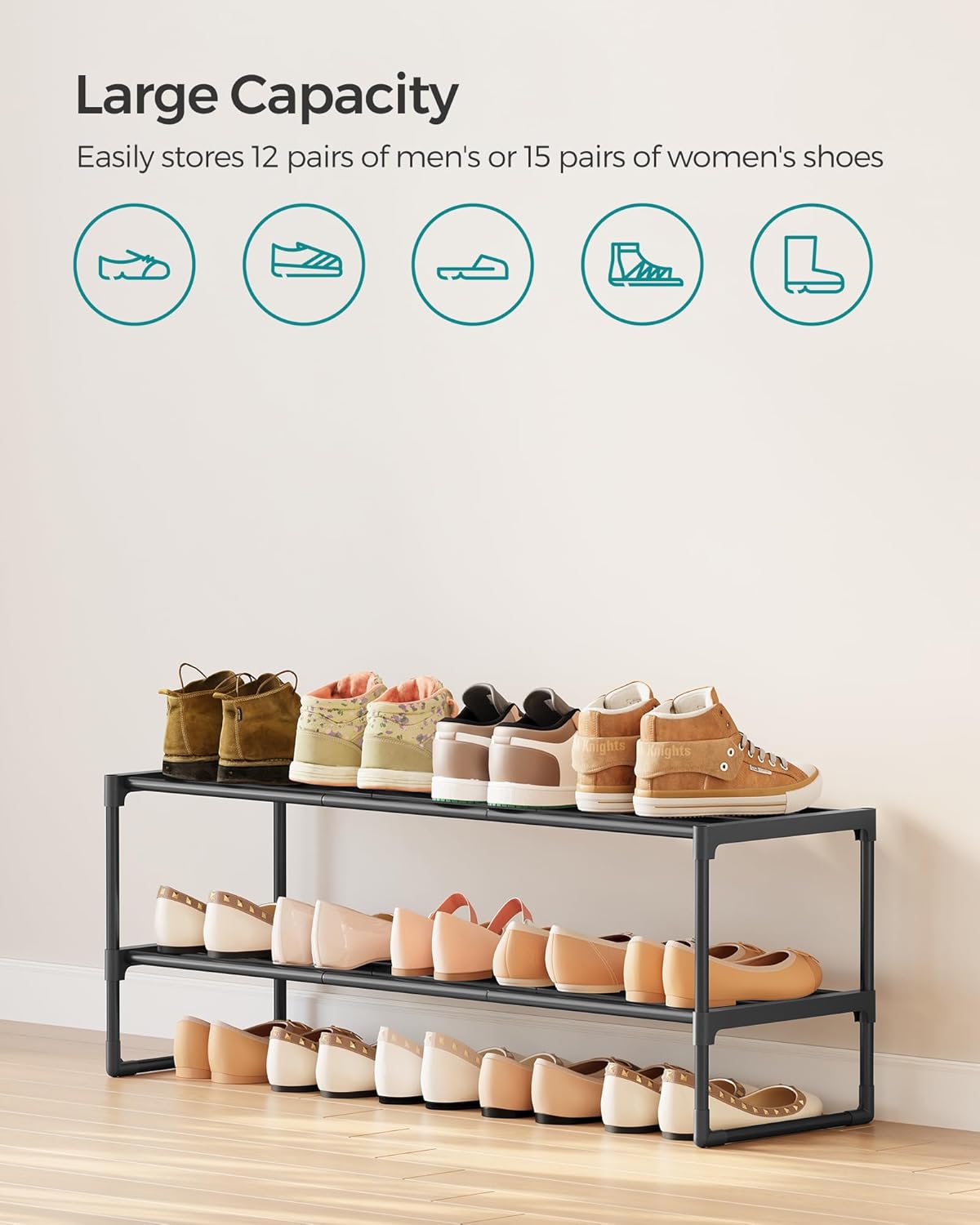 SONGMICS Shoe Rack, 2-Tier Shoe Organizer, Metal Storage Shelf, Upright or Upside Down, for 12-15 Pairs, Stackable, for Entryway, 11.8 x 36.2 x 13.4 Inches, Black ULSA12BK