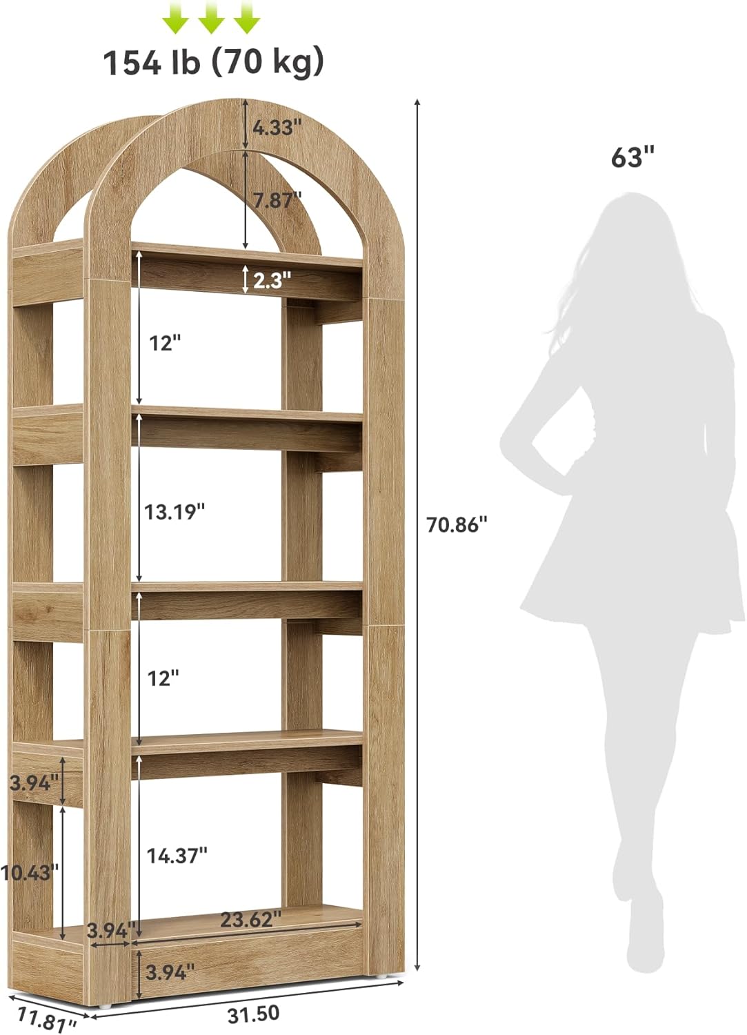 LITTLE TREE 5-Tier Bookshelf, Arch-Shaped Racks, Tall Standing Wooden Bookcase Display Shelf Modern Storage Solution (1, Teak Color)