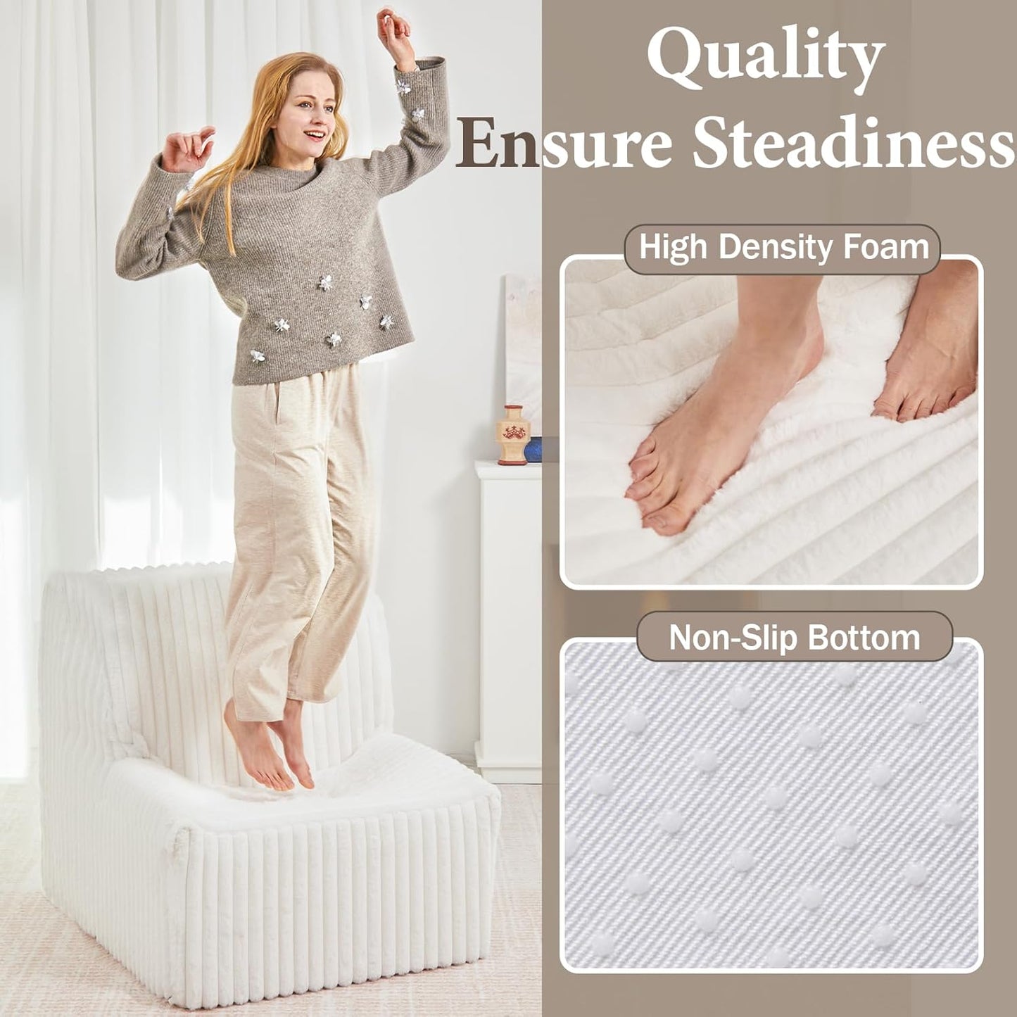 Trenda Super Comfy Lazy Sofa Chair, Soft Faux Fur Accent Chair for Living Room, Lounge Armless Floor Couch for Bedroom, Cozy Modern Single Sofa with Mememory Foam to Reading, Gaming (White)