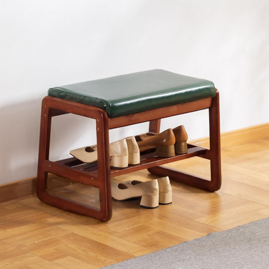 latifolia Solid Wood Bench, Entryway Shoe Bench with Cushion, 2 Tier Shoe Storage Organizer for Hallway, Living Room(Green,21.65''L)
