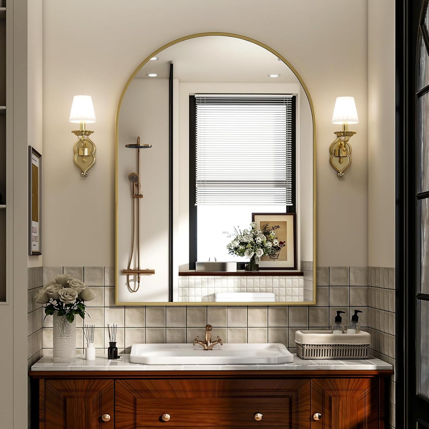 Arch Bathroom Mirror, 20x30 inch Arched Bathroom Mirror/Wall Mounted Vanity Mirror - Arch Metal Frame Wall Mirror for Bathroom Bedroom Living Room, Gold