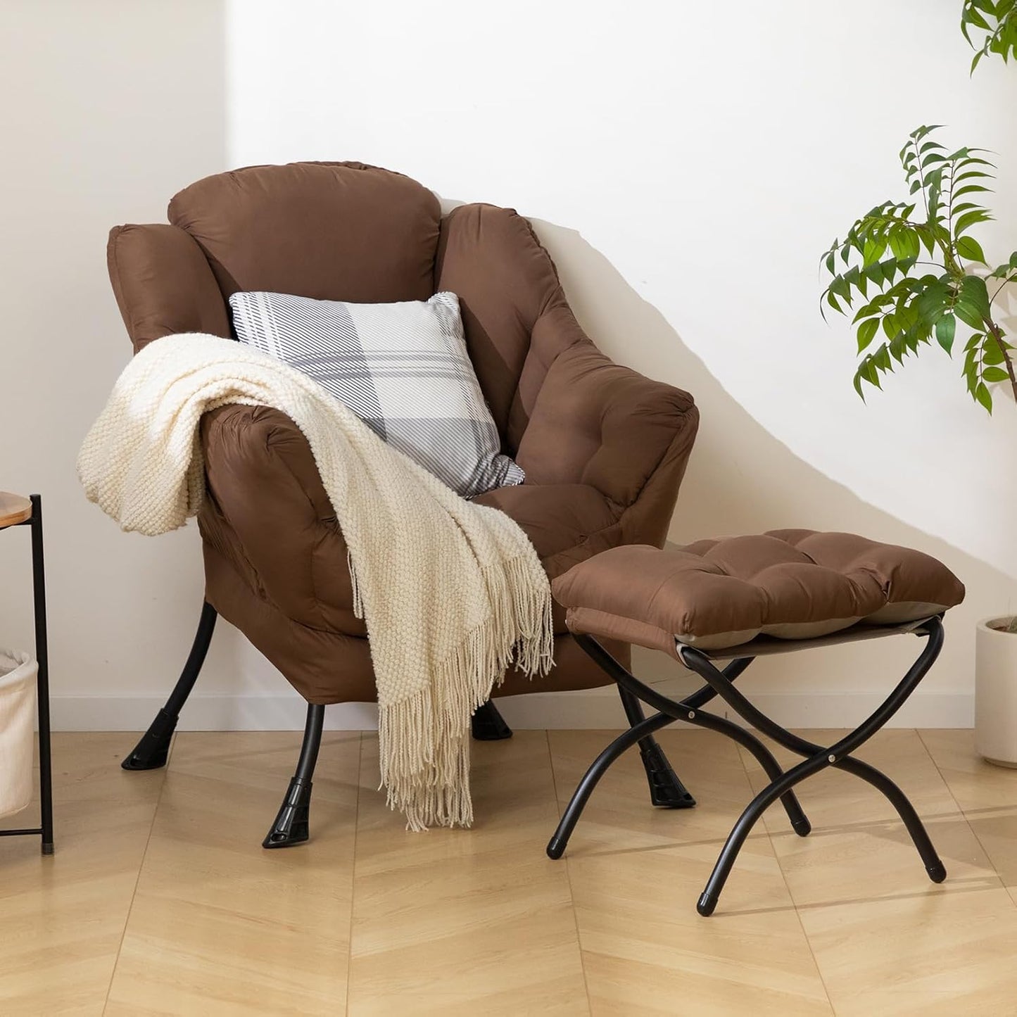 HollyHOME Fabric Lazy Chair with Foldable Ottoman, Accent Comfy Lounge Arm Chair and Folding Footrest Stool Set, Leisure Sofa Reading Chair and Footstool for Living Room, Bedroom, Dorm, Coffee Brown