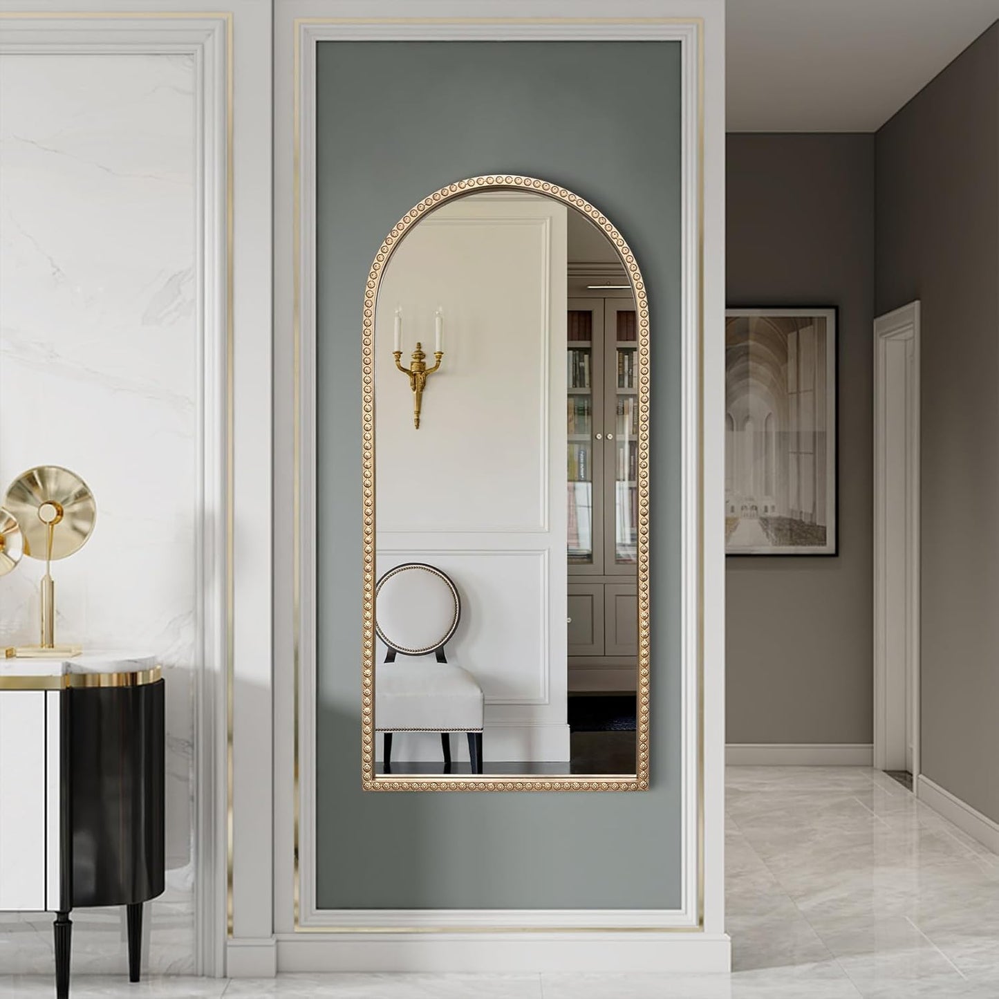 Gold Arched Mirror, 22"x47" Arch Vanity Mirrors for Bathroom, Decorative Accent Mirror with Metal Beaded Frame, Large Vintage Mirrors for Fireplace Bedroom Entryway Hallway Living Room