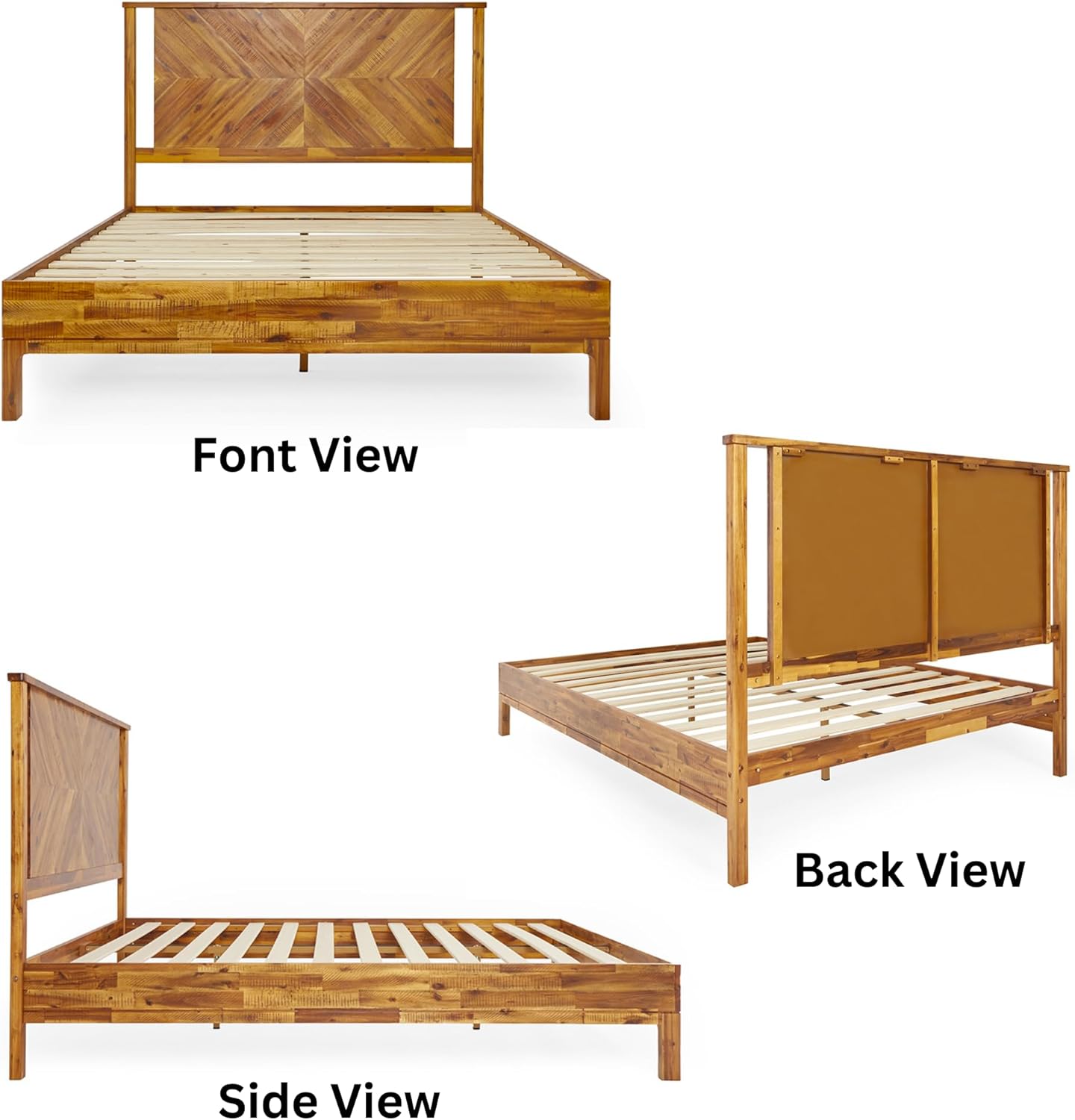 Bme Vivian 14 Inch Deluxe Bed Frame with Headboard, Rustic & Scandinavian Style with Solid Acacia Wood, No Box Spring Needed, 12 Strong Wood Slat Support, Easy Assembly, Queen, Rustic Golden Brown