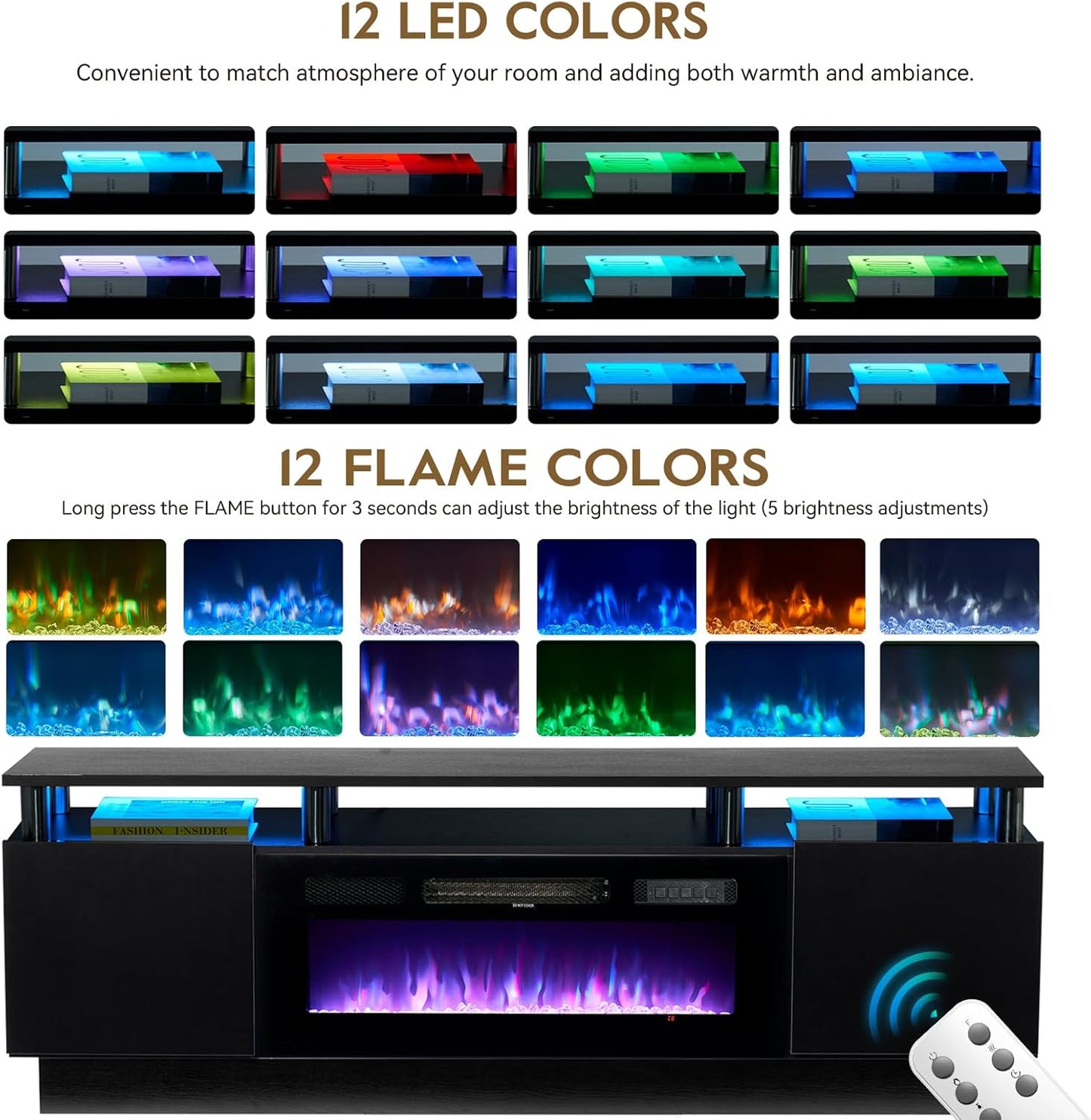 70" TV Stand for Living Room, Modern Entertainment Center & Media Console, Fits TVs up to 80", Storage Cabinet with Shelves, 36" Electric Fireplace with LED Flame (All Black)