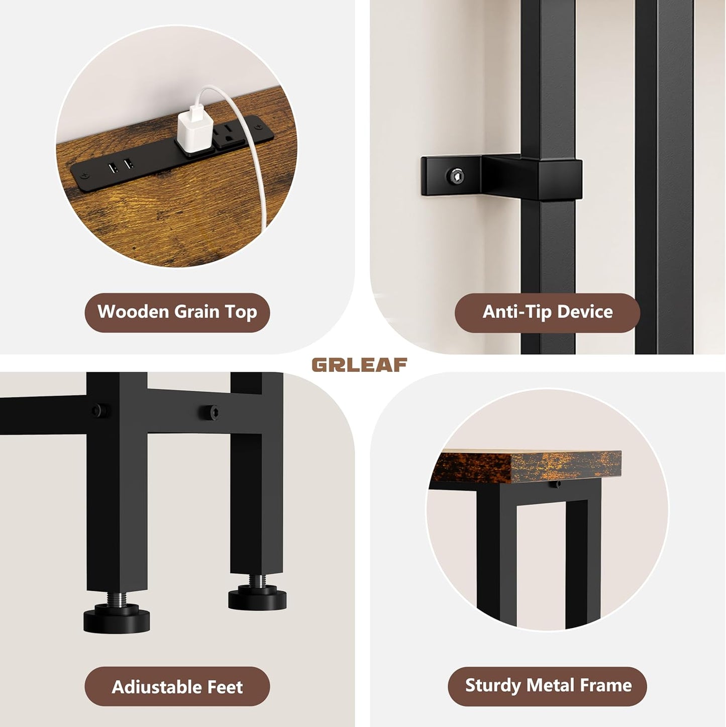 GRLEAF 78" Sofa Table with Built-in Power Strip (4 AC Outlets & 4 USB Ports) – 4.9ft Power Cord, Metal Frame, Easy Assembly, Long Couch Table Behind Sofa, Living Room and Home Office | Rustic Brown