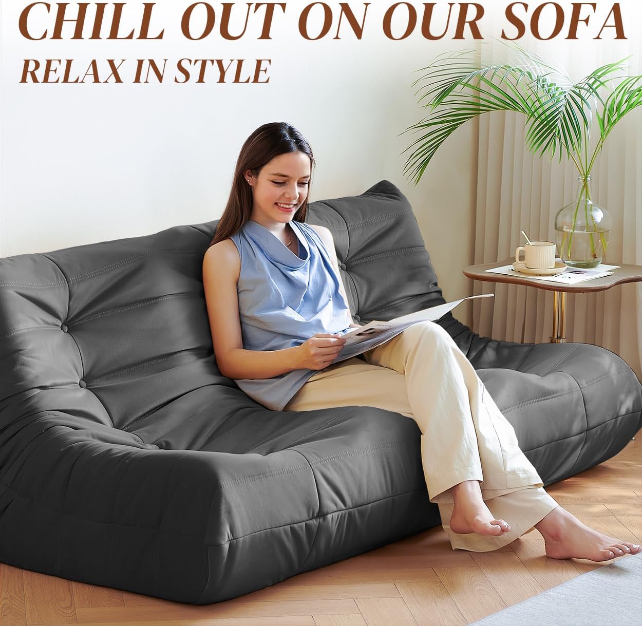 Bean Bag Chair, Large Fireside Chair Bean Bag Sofa for Adults, 3 Seater Bean Bag Chairs for Teens with High-Resilience Foam, Memory Foam Bean Bag for Living Room, Bedroom, Office (Suede, Dark Gray)