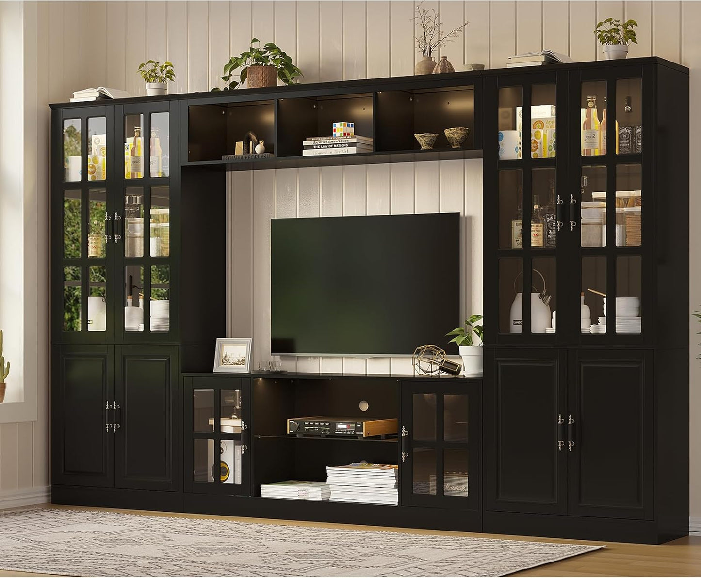 4-Piece Wall Unit TV Stand with Storage & LED Lights for TVs up to 75", Modern Entertainment Center with Bookshelves & 4-Door Pantry Cabinet, Black