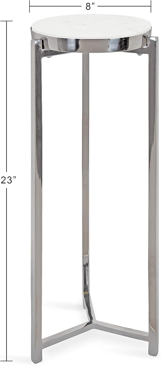 Kate and Laurel Aguilar Glam Round Drink Table, 8 x 8 x 23, Silver and White, Small Accent Table for Use as Plant Pedestal Stand with Marble Tabletop