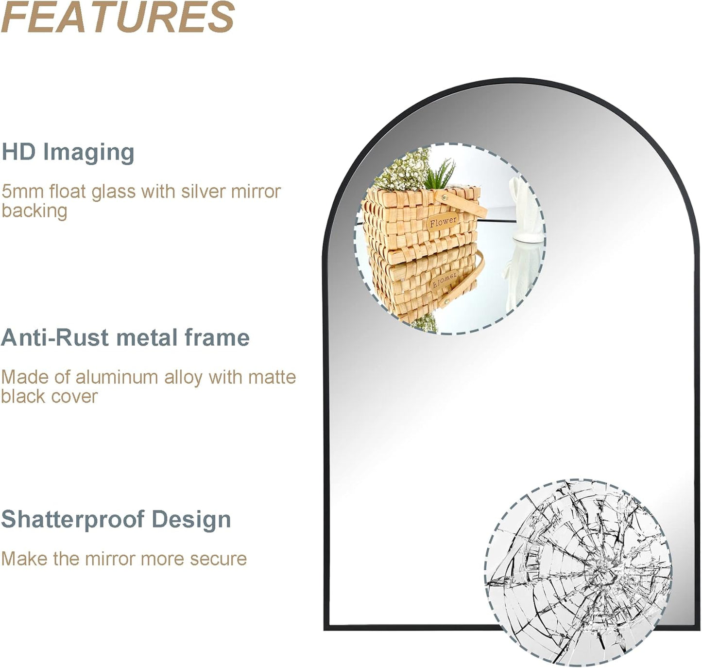 Arched Wall Mirror for Bathroom,Mirrors for Wall,24''x36'',Vanity Mirror for Bedroom Dresser, Entryway, Living Room, Metal Frame (36''x24'',Black)