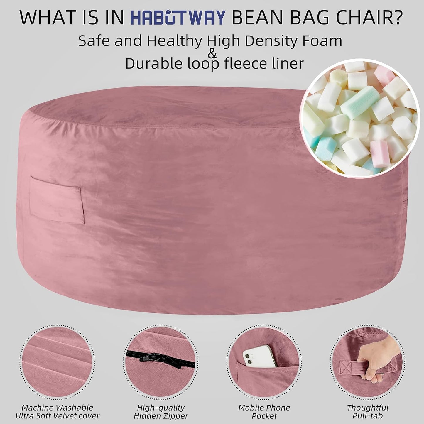 HABUTWAY Bean Bag Chair: Giant 5' Memory Foam Furniture Bean Bag Chairs for Adults with Microfiber Cover 5Ft (Soft Pink)