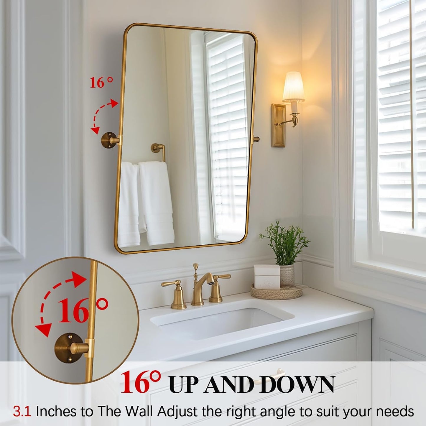ANDY STAR Gold Pivot Mirror, 22" x 30" Brushed Gold Metal Frame Vanity Mirrors for Over Sink, Farmhouse Rectangle Bathroom Mirror with Adjustable Tilting Design Wall Mounted