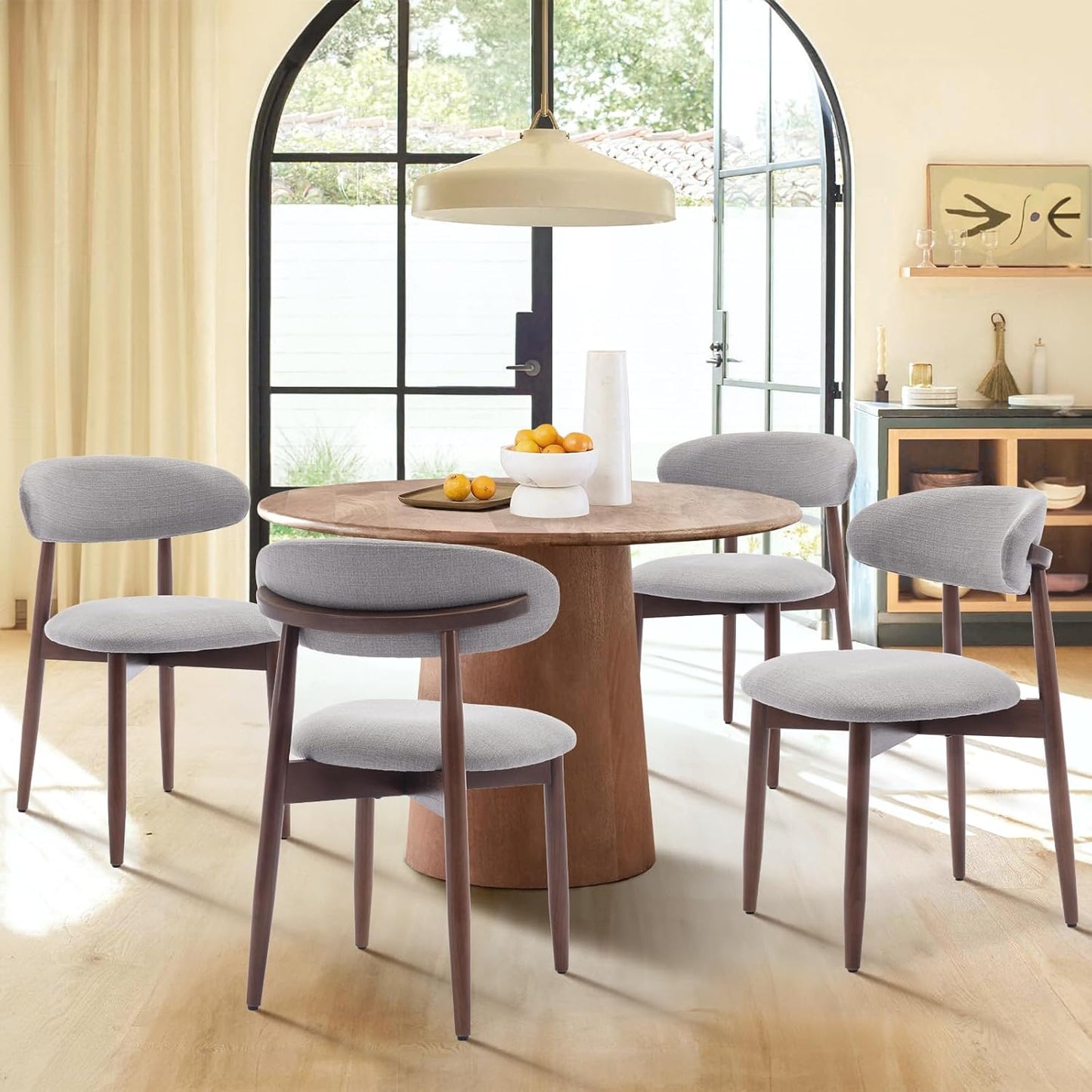 COLAMY Wooden Dining Chairs Set of 6, Modern Fabric Upholstered Dining Room Chair, Farmhouse Kitchen Chairs with Foot Pegs, Light Grey