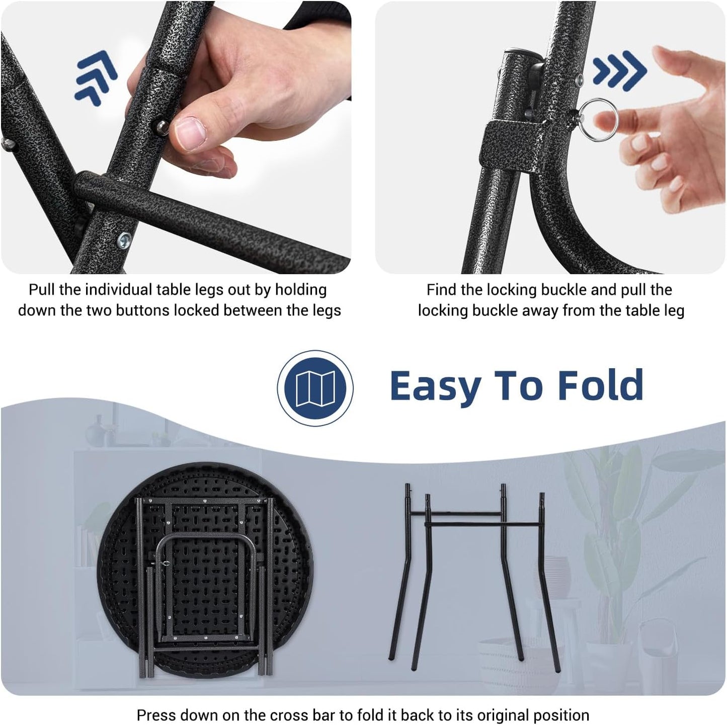 Cocktail Table 28in Folding Round High Top Indoor Outdoor with Removable Legs, Tall Bistro Foldable Bar Height Table for Parties, Patio, Backyard, Dining Room, Events, Black- 2PCS