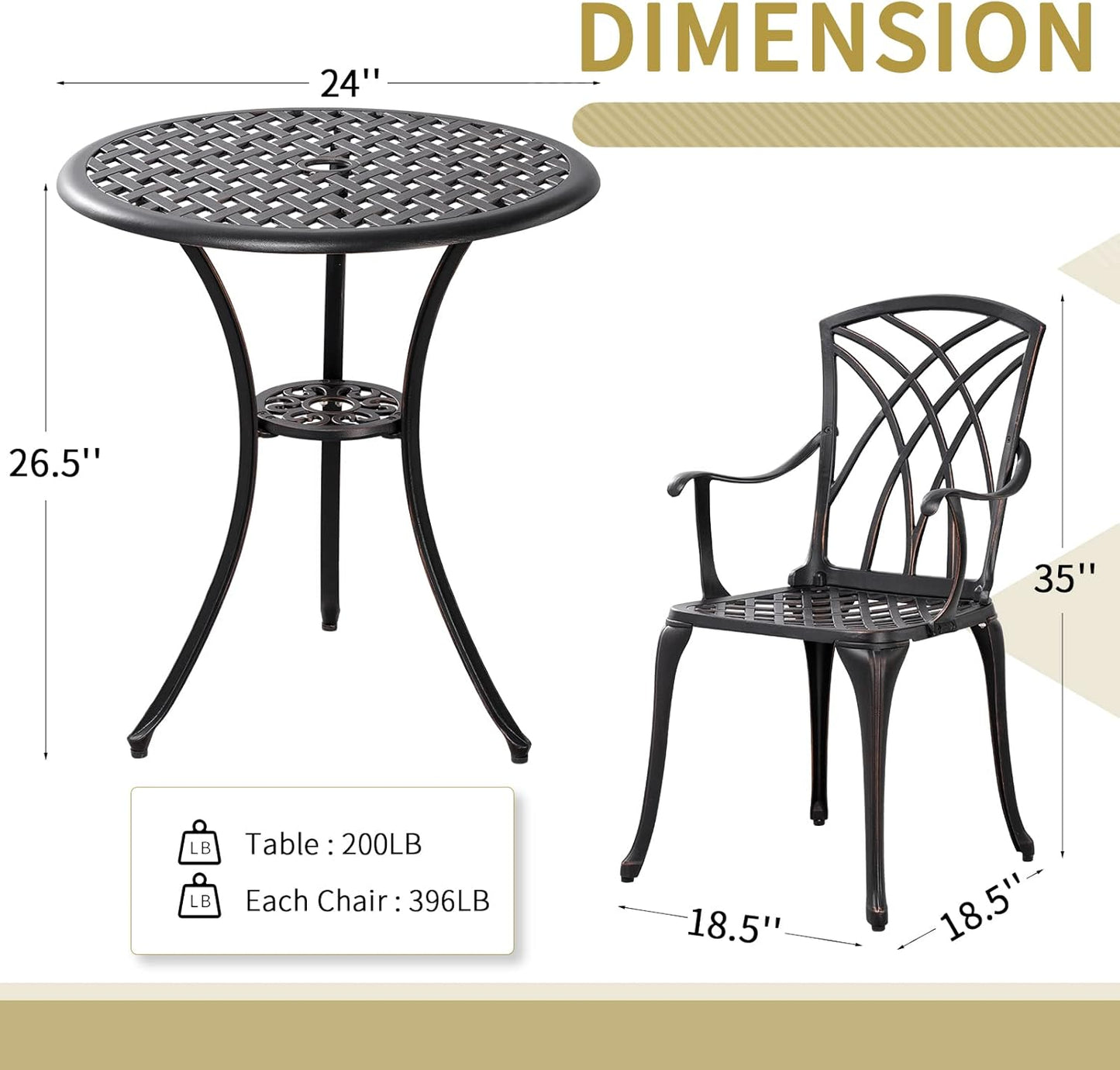 3 Piece Patio Bistro Set Outdoor Bistro Table Set Anti Rust Bistro Table and Chairs w/Umbrella Hole, Durable Patio Set for Porch, Balcony