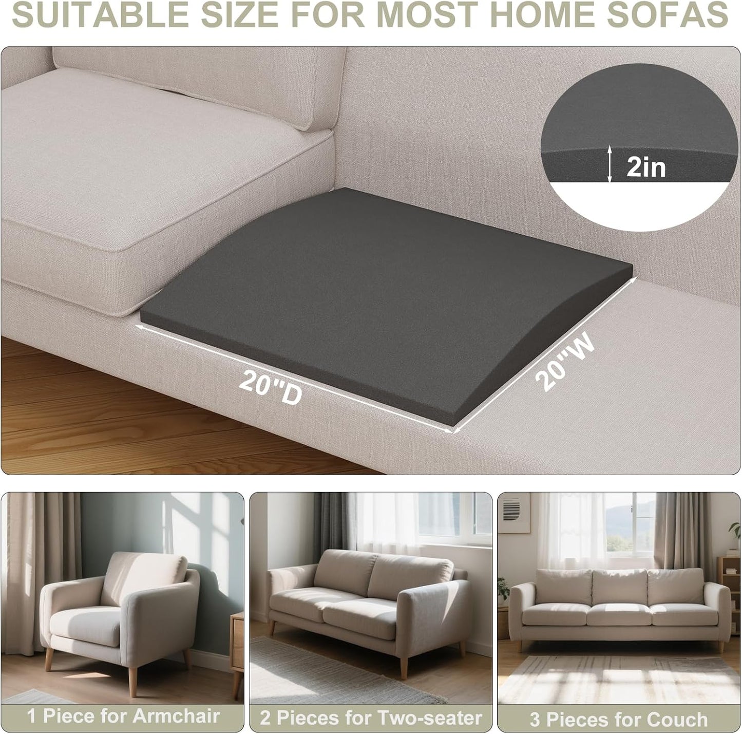 Couch Cushion Support for Sagging Seat, High-Density Curved Foam Sofa Furniture seat Couch Cushions Support Repair, 20"x20" Grey Set of 2