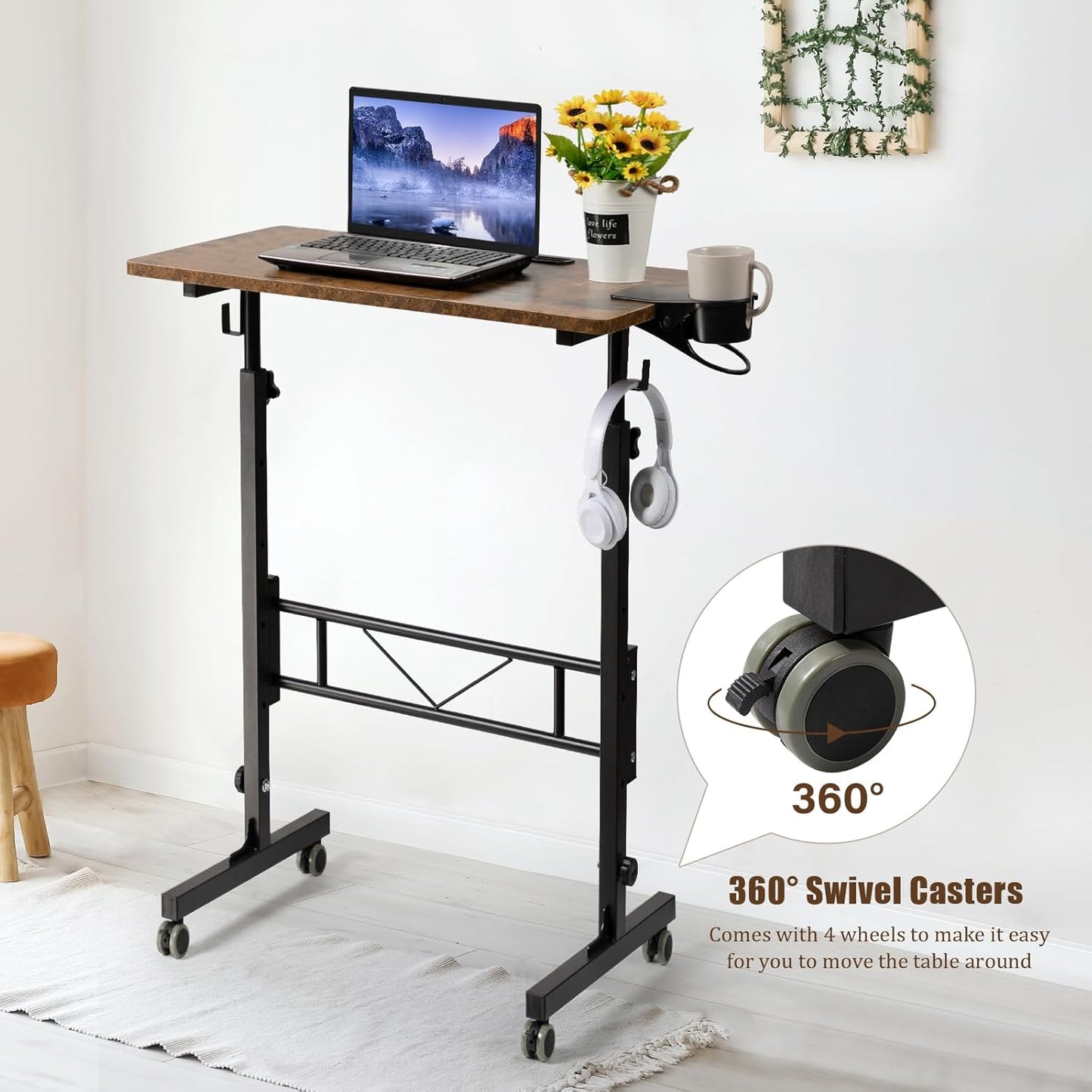 SIDUCAL Standing Desk Adjustable Height, Small Mobile Stand Up Desk with Wheels, Portable Computer Desk for Walking Pad, Rolling Table for Home Office Classroom, Rustic Brown