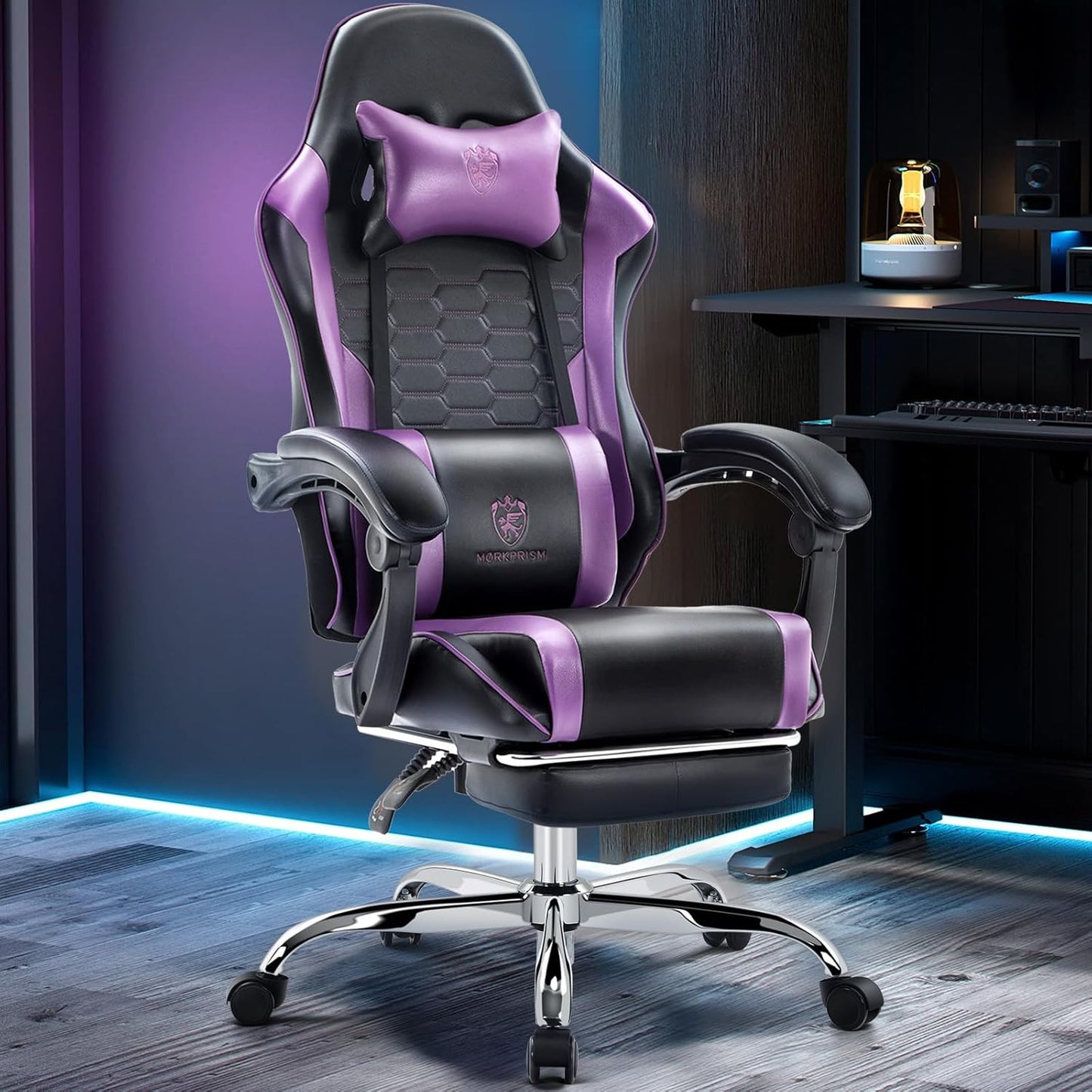 Gaming Chair,Computer Office Chair with Footrest,Massage Lumbar Support and Gel Pad,Ergonomic Reclining Adjustable Leather Gamer Chair with Headrest and Spring Cushion Purple
