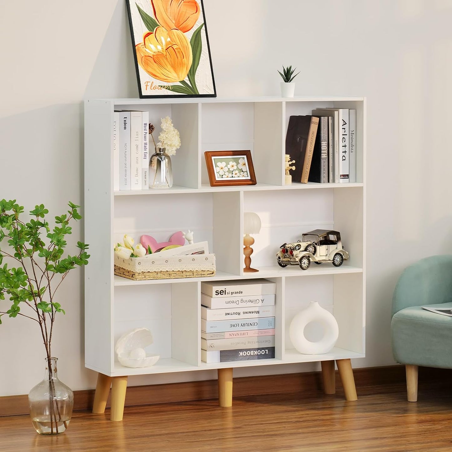 YAHARBO 8 Cube White Bookshelf,3 Tier Book Shelf with Legs,Modern Minimalist Bookcase,Open Book Shelves Storage Organizer,Frees Standing Wooden Display Bookcases for Small Space,Bedroom,Living Room