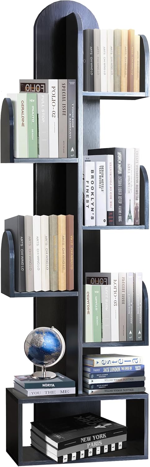 Cactus Tree Bookshelf, 5-Tier Wood 50" Tall Book Corner Storage Rack for CDs/Movies/Books, Small Space-Saving Organizer Shelves for Living Room, Bedroom, Home Office (Black)