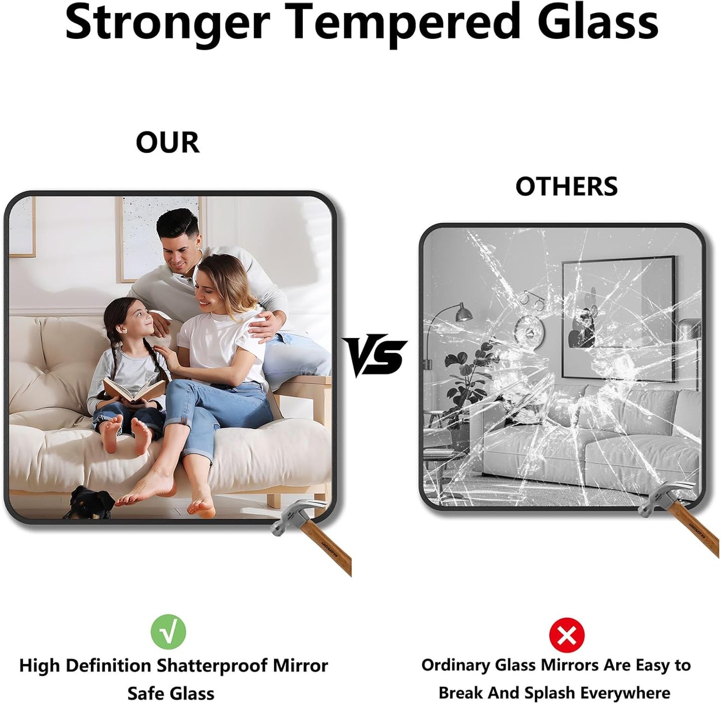 Koonmi Bathroom Mirror, 36X36 Inch Black Metal Framed Mirror for Bathroom, Tempered Glass, Anti-Rust, Rounded Rectangle Mirror for Restroom, Bedroom, Black