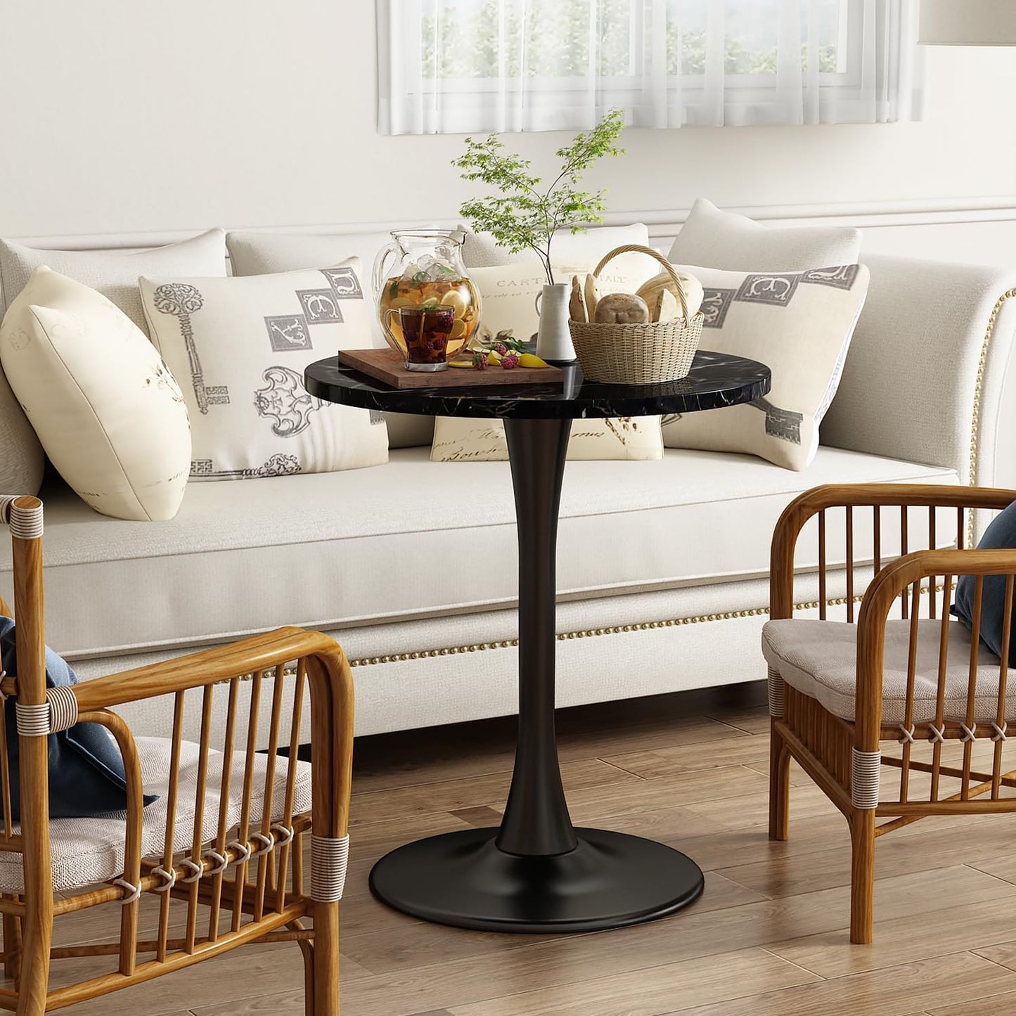 Black Round Table Modern Dining Table Marble Texture Tulip Round Kitchen Table Mid Century Coffee Table for Living Room, 24 inch