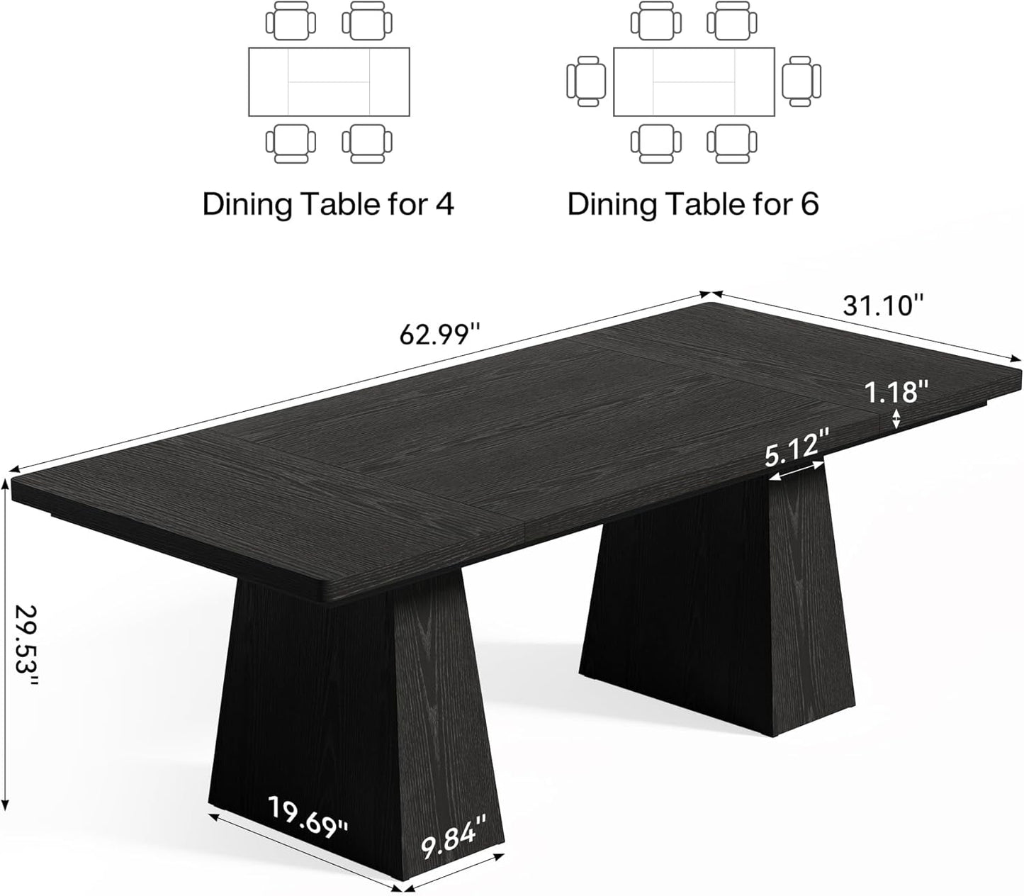 LITTLE TREE Dining Table for 6 People, Wooden Table, Rectangle Furniture with Heavy Duty Legs, Modern Kitchen Table for Home, Dining Room, Black