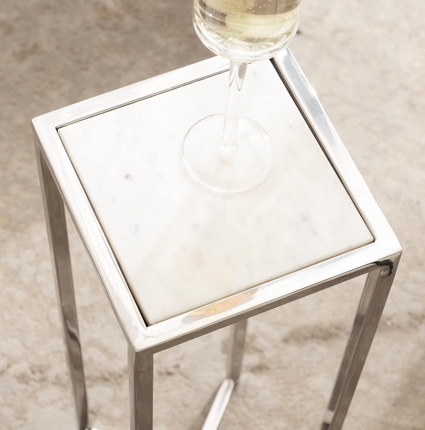 Kate and Laurel Jaspur Modern Glam Drink Table, 7 x 7 x 21, White and Silver, Decorative Metal and Marble Accent Martini Cocktail Table for Display and Storage