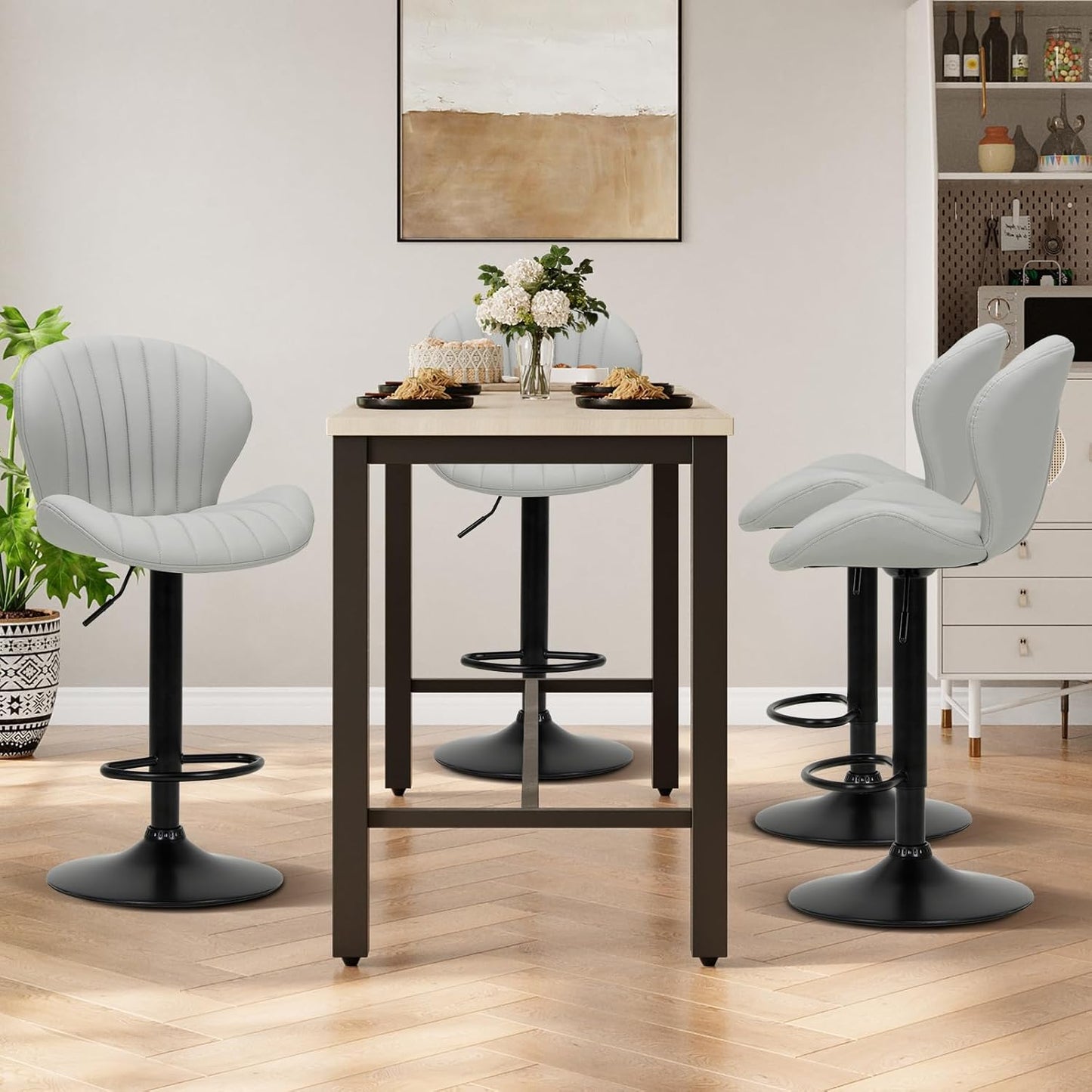 COLAMY Bar Stools Set of 6, Modern Swivel Bar Chairs, Adjustable Faux Leather Upholstered Barstools Counter Height with High Backrest for Bar, Kitchen Island, Dining Room, Grey