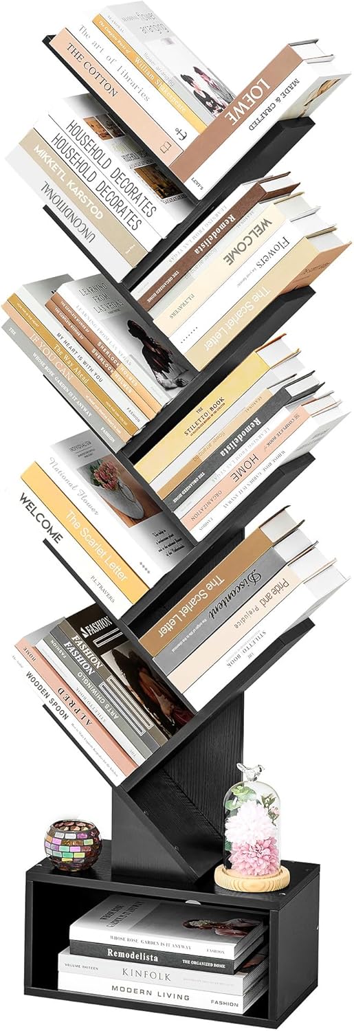 Hoctieon 9 Tier Tree Bookshelf, Tall Bookcase with Drawer, Wood Book Shelf, Modern Floor Standing Bookshelves, Book Organizer Shelves for Bedroom, Living Room, Home Office, Black