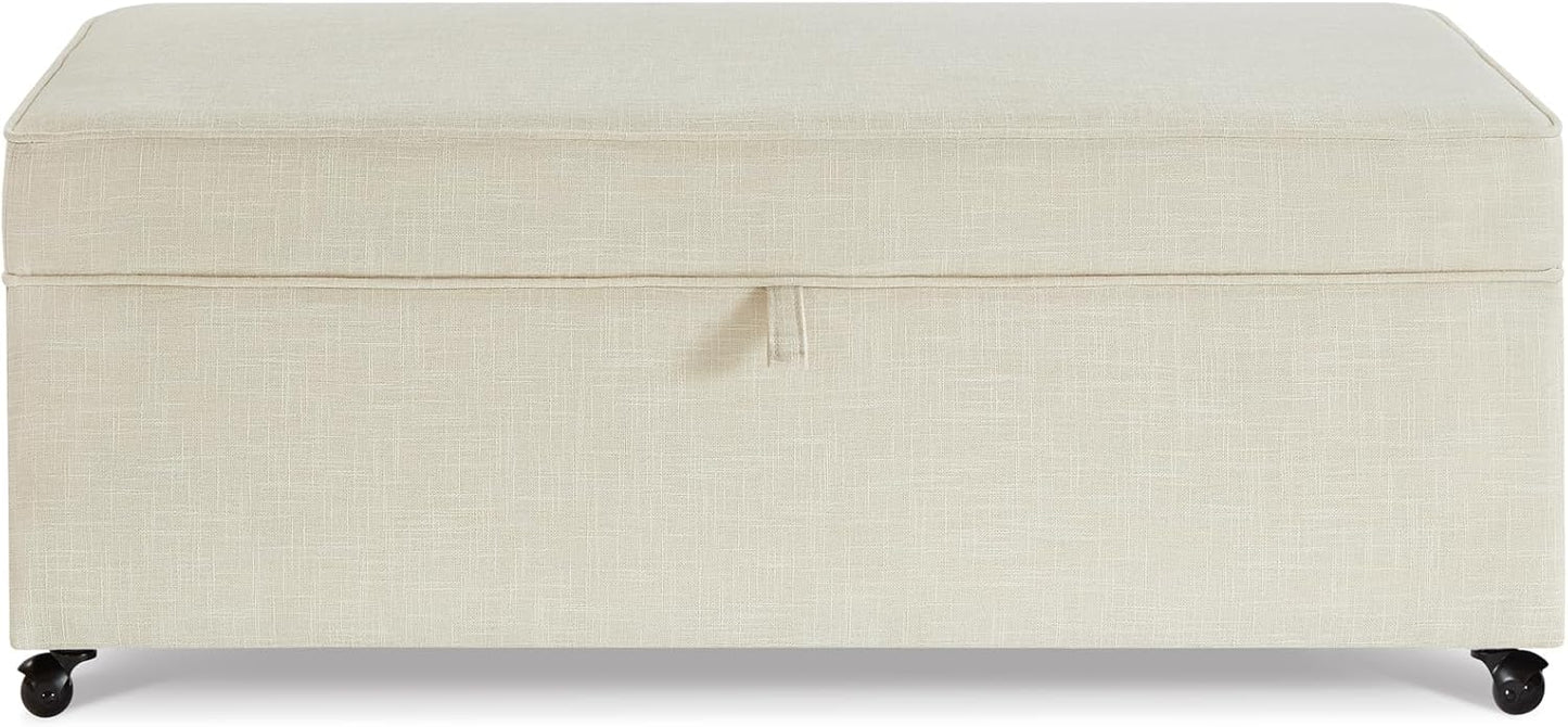 45" Modern Sofa Ottoman with Storage,Linen Upholstered Storage Bench with Rotation Casters and Safety Hinge, for Living Room,Ivory