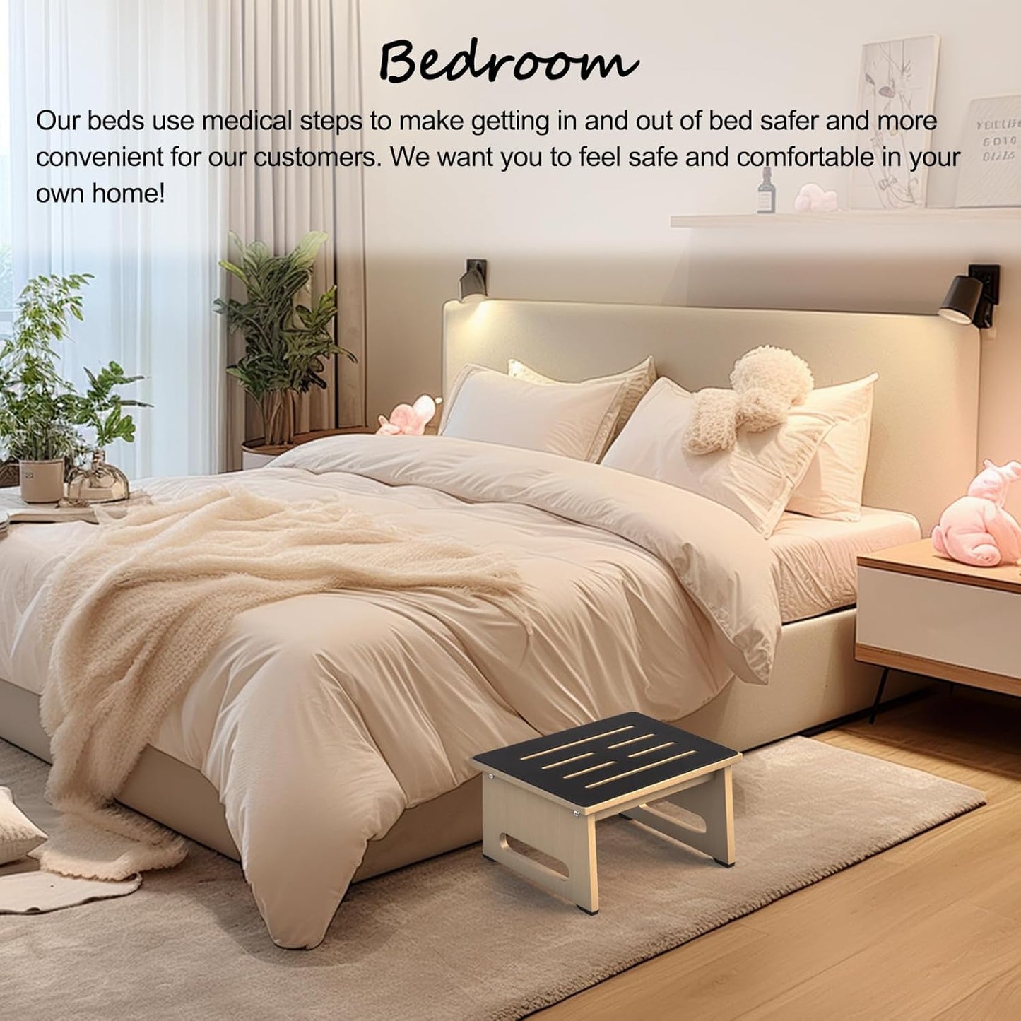 One Step Stool for Adults Seniors with Non-Slip Rubber Step Surface, Heavy Duty Wooden Stepping Stools with 450 LBS Capacity for Bedroom Kitchen Bathroom, Bed Steps for High Beds, Bedside Support