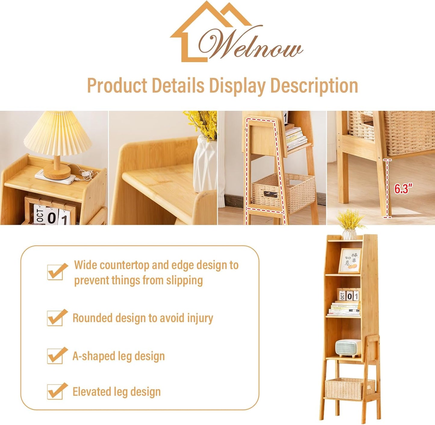 Welnow Bamboo Bookcase with Cabinet, Natural End Table with 3-Tier Storage Shelf, Modern Bedside Organizer Side Table for Bedroom or Living Room, Wood Bookshelf with Open Space