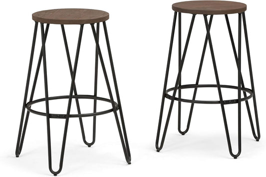 SIMPLIHOME Simeon Industrial Metal 26 inch Metal Counter Height Stool with Wood Seat (Set of 2) in Cocoa Brown / Black for the Dining Room and Kitchen