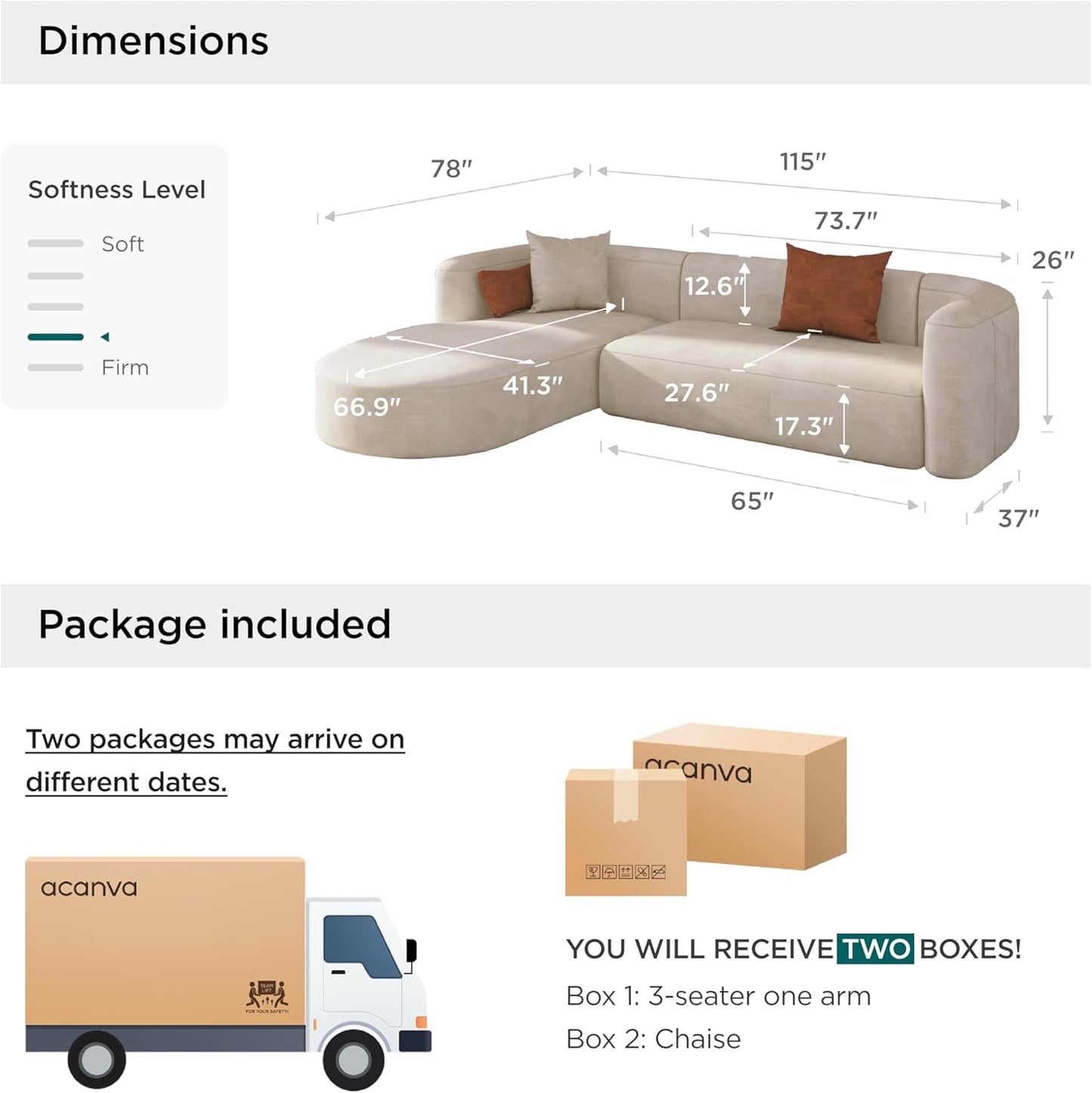 Acanva Luxury Modern Tight Curved Back Velvet Sofa, Minimalist Style Comfy Couch for Living Room Apartment, L-Shaped Sectional with Left Chaise, Cream