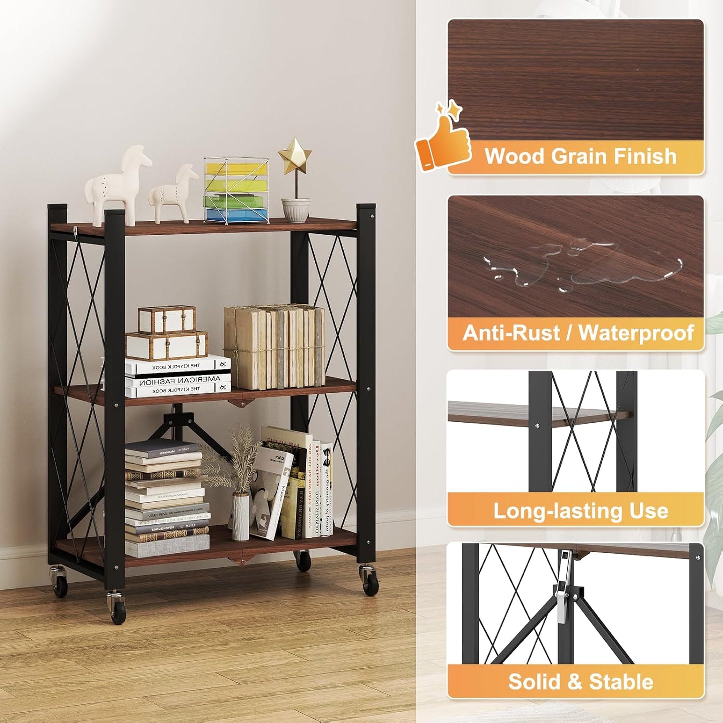 BAOYOUNI 3-Tier Vintage Industrial Bookshelf - No Assembly Folding Storage Shelf with Woodgrain Finish | Collapsible Metal Bookcase for Living Room, Office & Bedroom