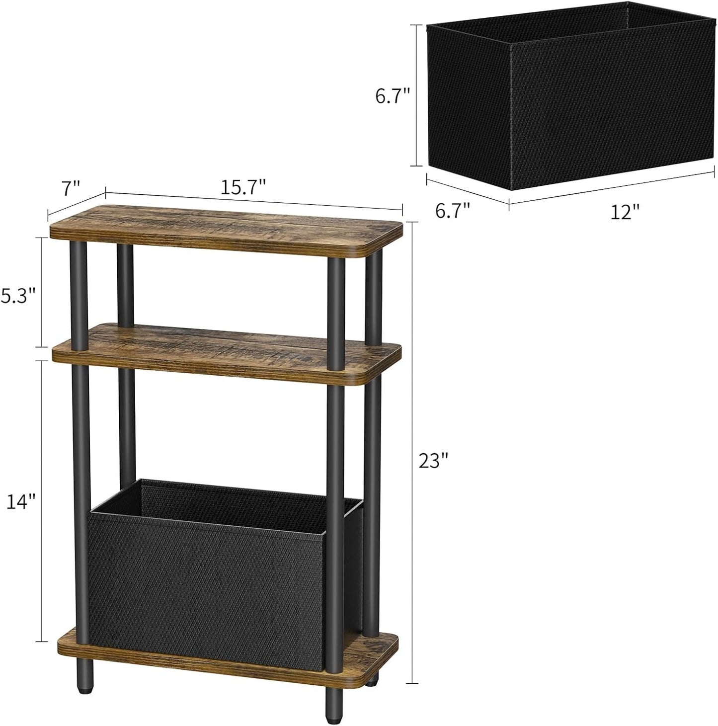 Narrow Side Table with Fabric Basket, 7" Wide, 3 Tier Skinny End Table with Wood Legs, Slim Nightstand/Bedside Table for Small Spaces, with Adjustable Feet, 15.7" L x 23" H