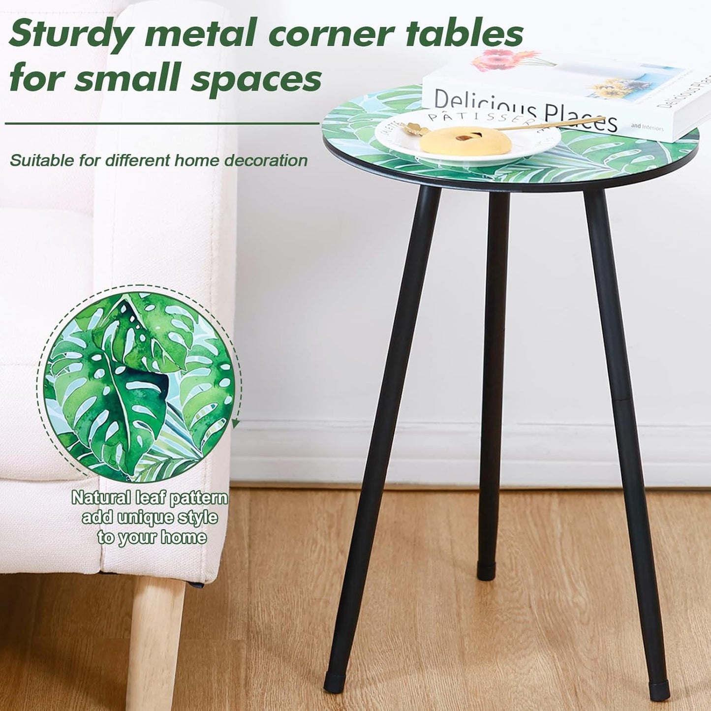 2 Packs Metal Leaf Round Side Tables 13.4" Small Outdoor Patio Round Accent Coffee Tables Indoor Corner Stand for Small Spaces Weather-Resistant for Balcony, Porch Plant Stands Indoor