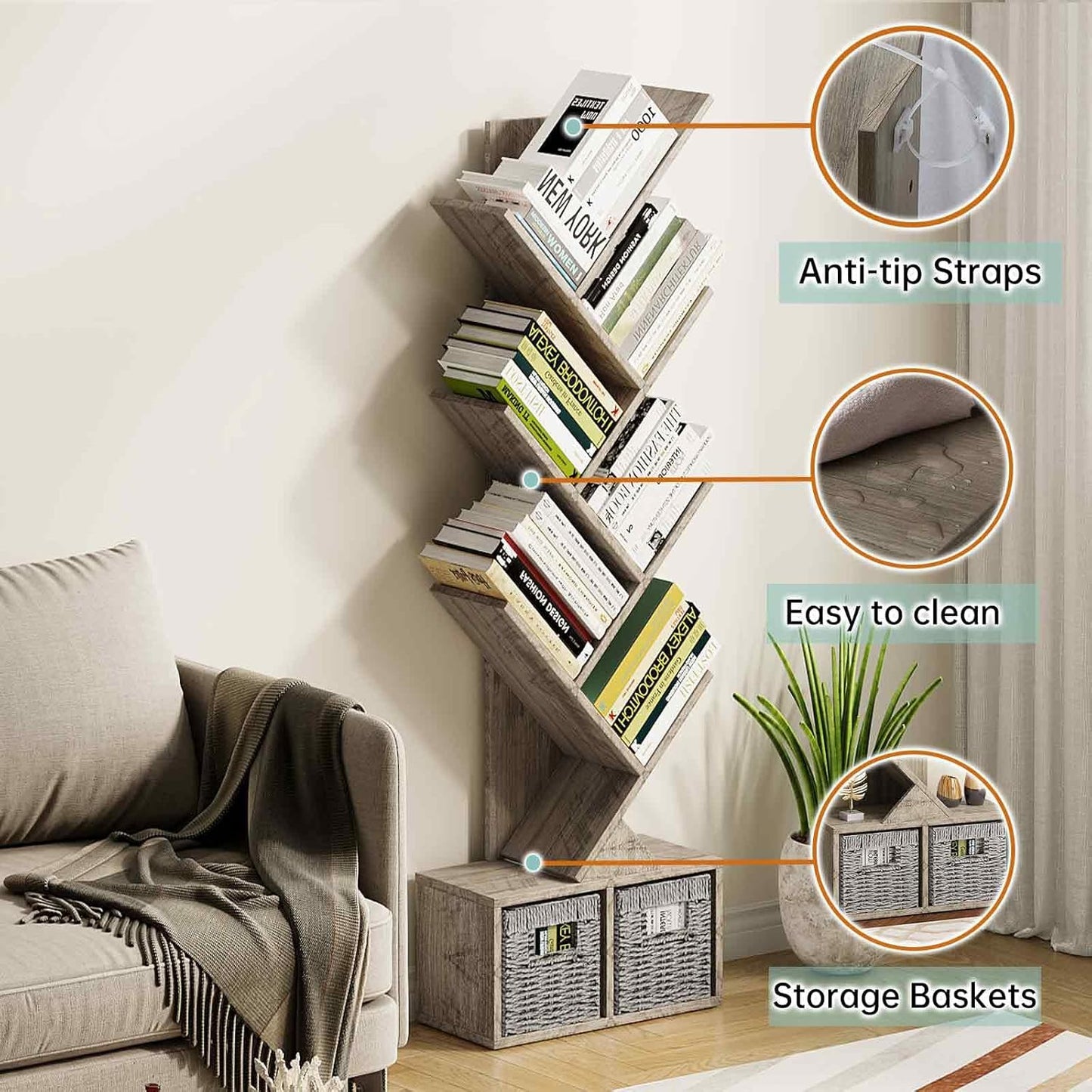 Vagusicc 6 Tier Tree Bookshelf, Small Bookcase with Storage Cabinet, Modern Tall Narrow Bookshelves Organizer, Floor Standing Book Shelf for Bedroom/Living Room/Home Office/Corner, Rustic Greige