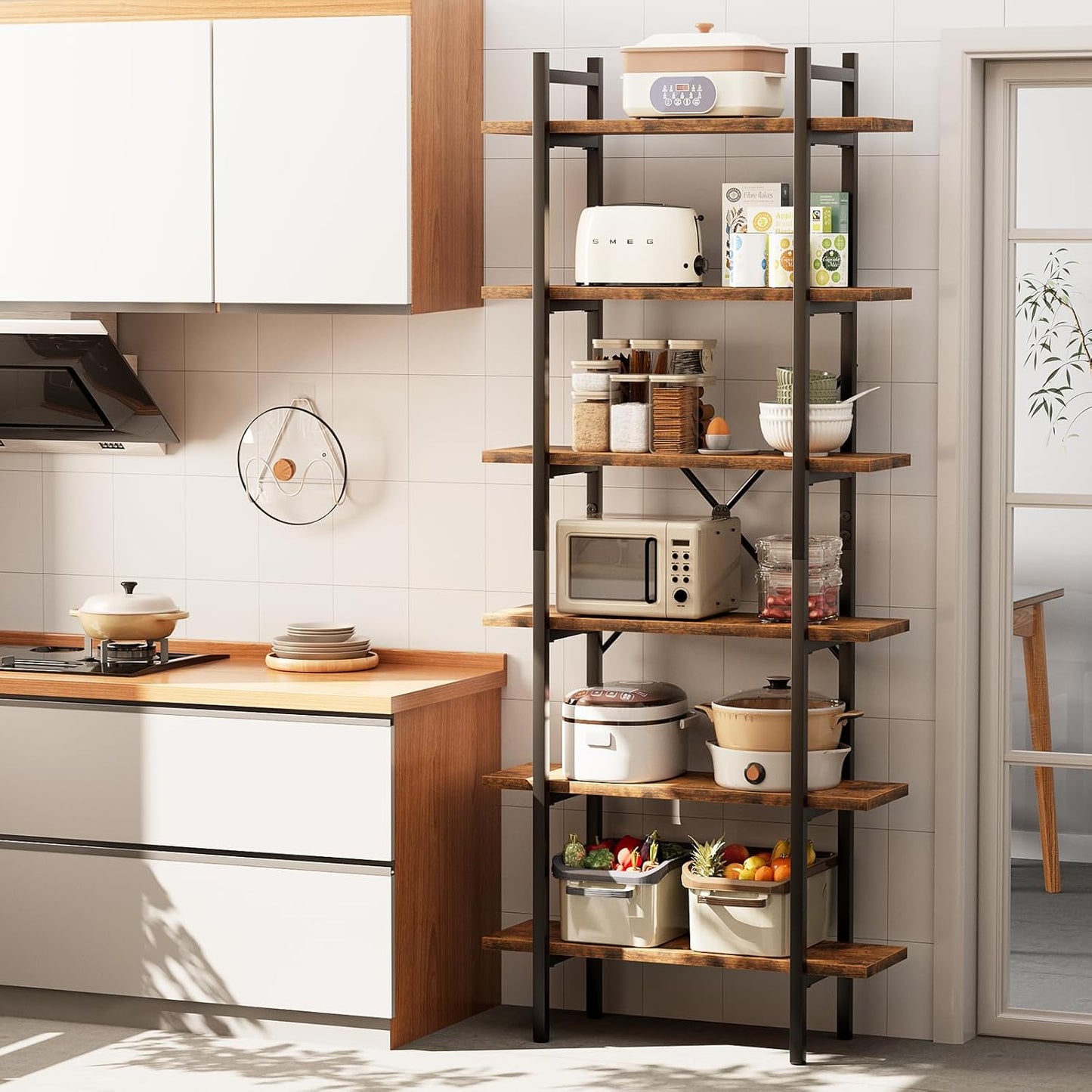 6 Tiers Bookshelf Organizer Industrial Shelf,Modern Open Display Storage Bookcase,Rustic Brown and Metal Bookshelf Standing Storage Shelf Tall Shelving Units for Home Office Study