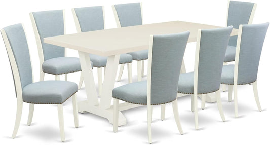 East West Furniture V027VE215-9 9 Piece Dining Room Set Includes a Rectangle Kitchen Table with V-Legs and 8 Baby Blue Linen Fabric Parsons Dining Chairs, 40x72 Inch, Multi-Color