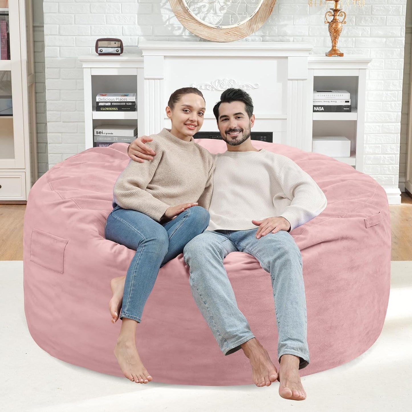 4FT Bean Bag Chair, Large Bean Bag Chairs with Memory Foam Filled, Fluffy Beanbag Sofa with Dutch Velvet Cover, Round BeanBag Chairs for Living Room, Playroom - Light Pink