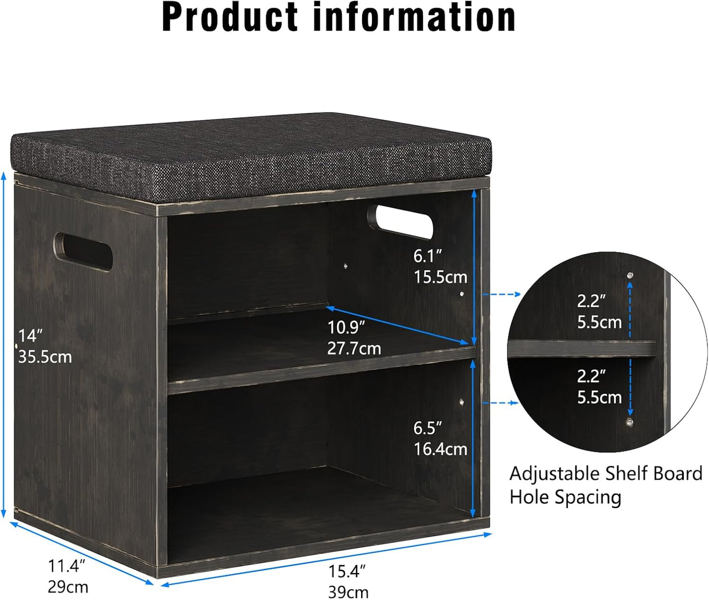 Bamboo Small Shoe Bench for Entryway 2 Tier Shoe Storage Bench with Cushion Adjustable Shoe Rack with Padded Seat for Living Room Hallway (Antique Black)