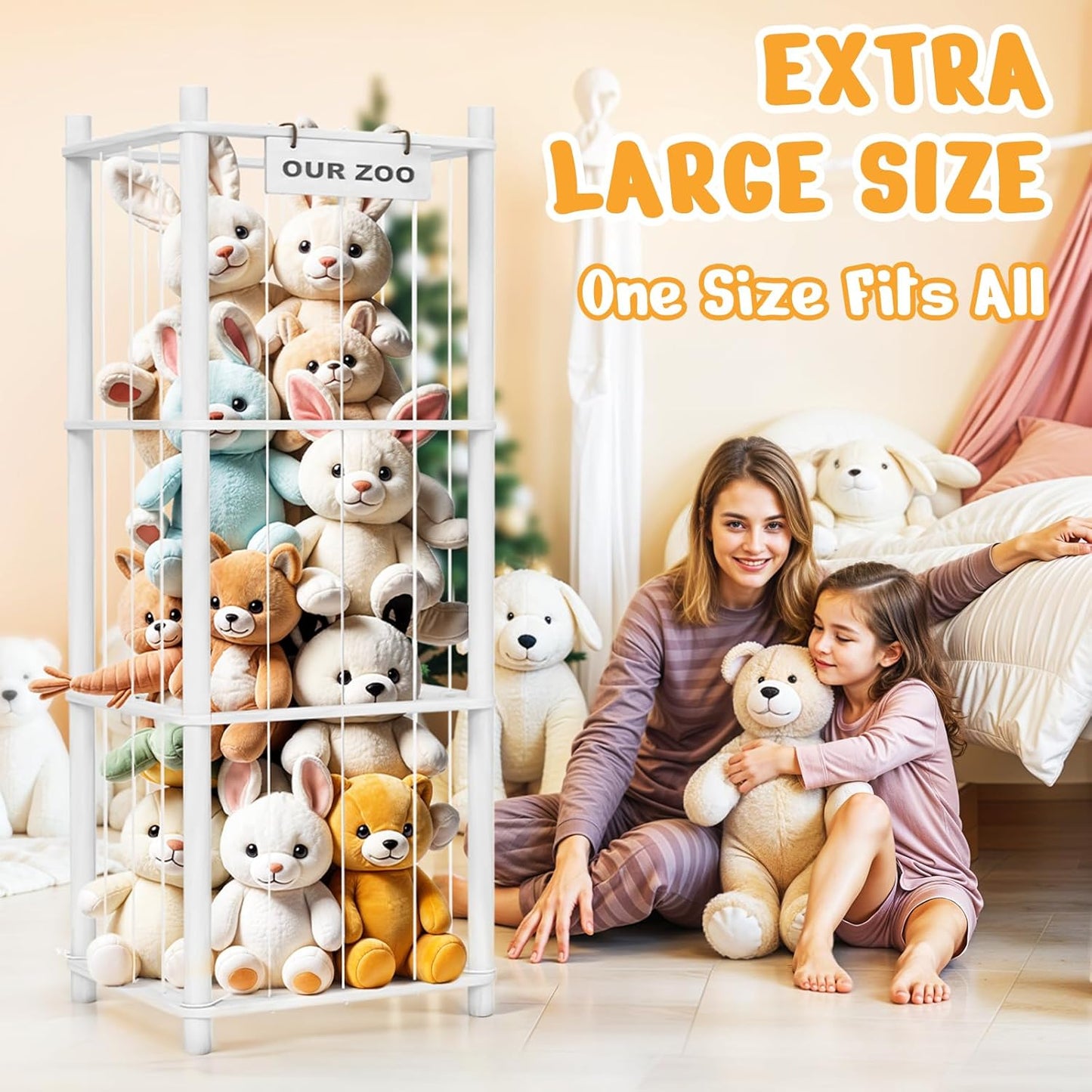 Stuffed Animal Storage & Organizer, Wooden Cute Zoo Toy Holder for Toddler Rooms, Playrooms & Bedrooms（White）