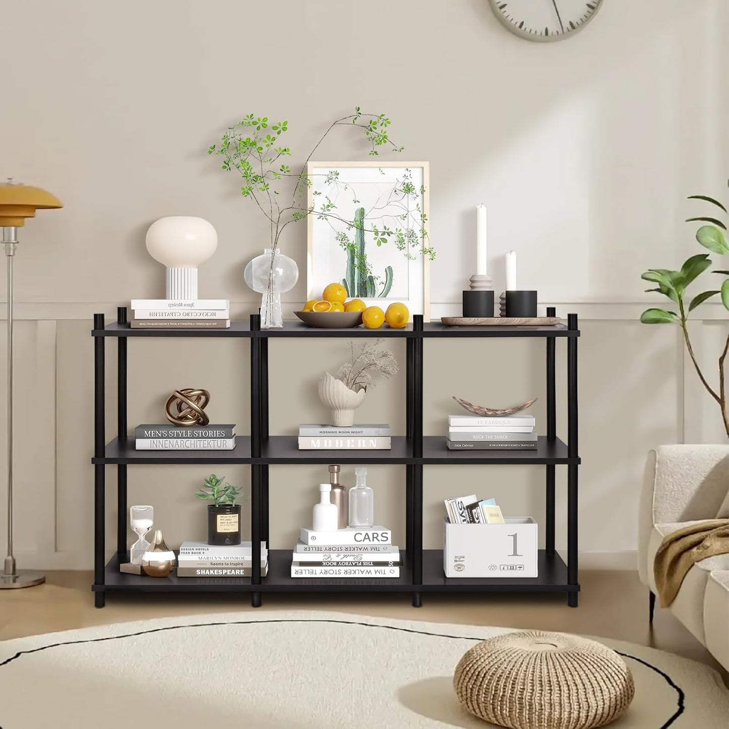 YGYQZ Short Book Shelf - 3 Tier Open Back Long Horizontal Wood Bookcase, 6 Cube Storage Shelf for Office Living Room Bedroom, Modern Black