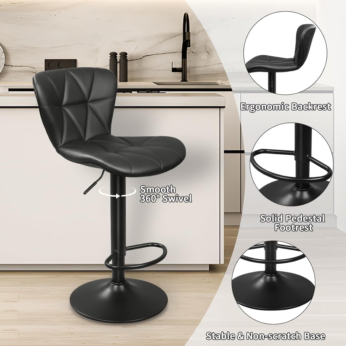 Bar Stools Set of 2, Adjustable Swivel Bar Chairs with Shell Back, PU Leather Counter Height Bar Stools for Kitchen lsland, Black